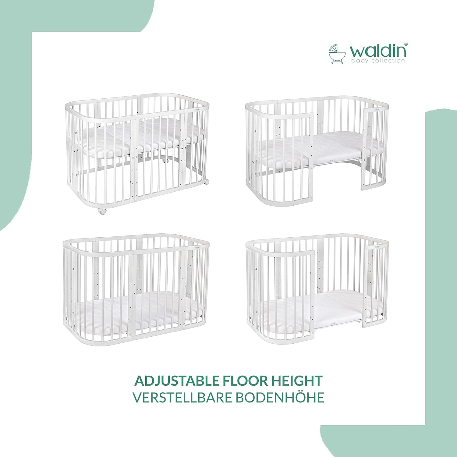Waldin Lettino per bambini in legno 7in1 con materasso, Letto "Cresci con me", Ventilato, Base regolabile in 5 altezze, Set All-Inclusive, Legno Bianco