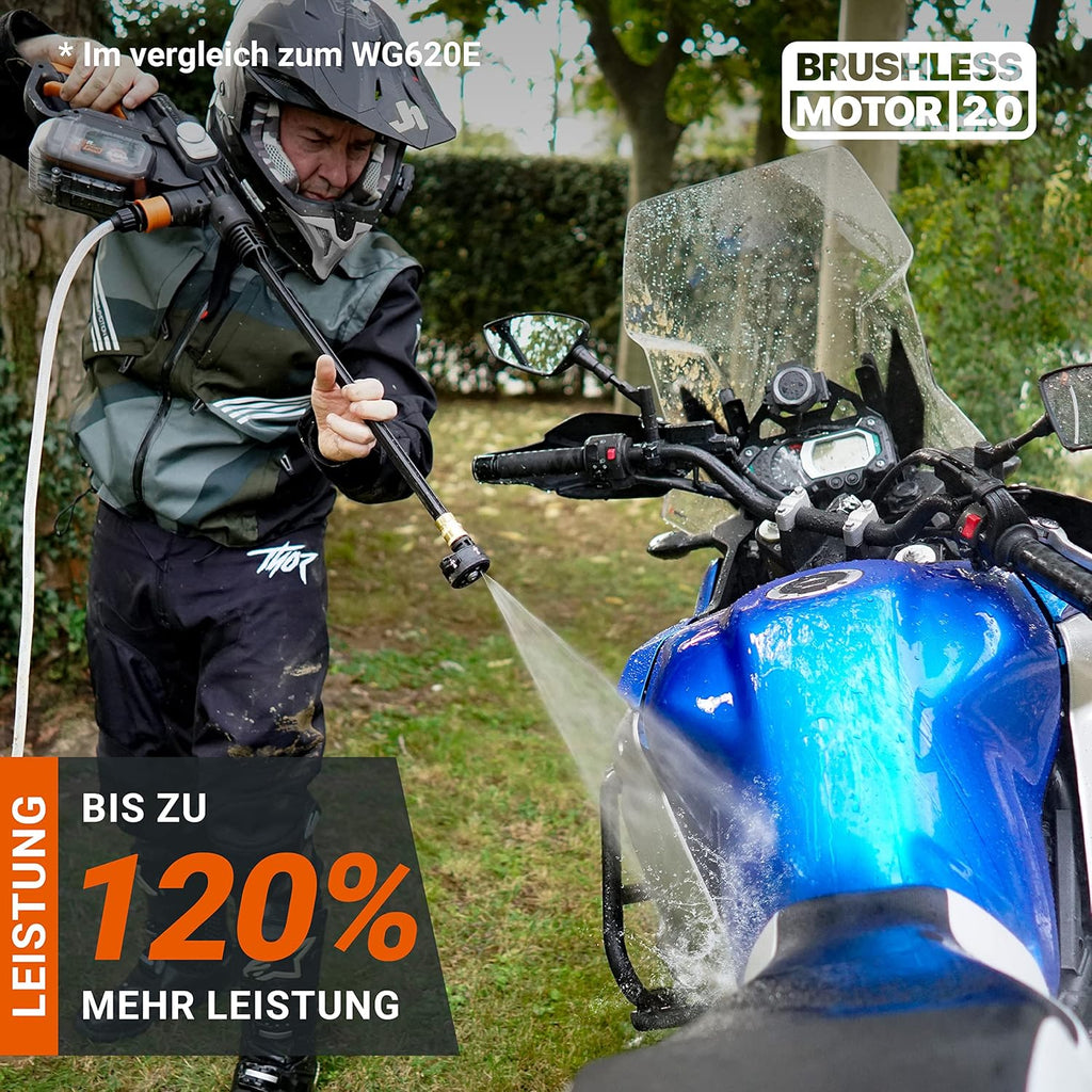 WORX Nitro Hydroshot Idropulitrice a batteria 18V(20V MAX) WG633E.1, PowerShare, pulizia di terrazze e auto, max. 56 bar, 220 l/h, con accessori, batteria 4,0 Ah e caricabatterie Arancione e Nero
