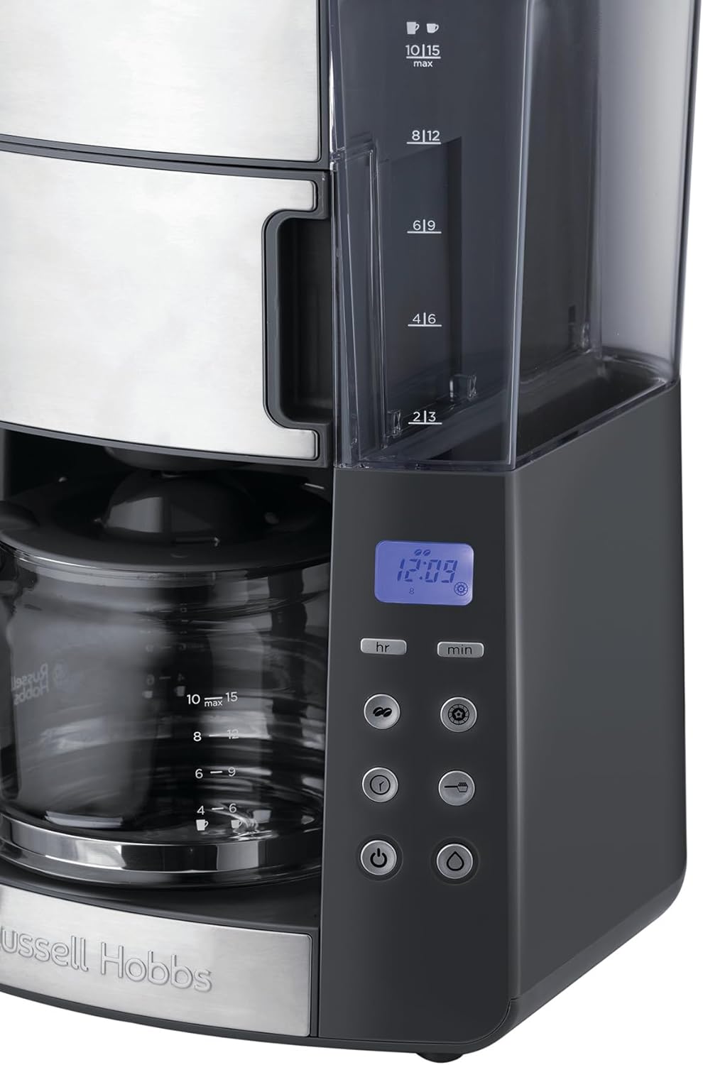 Russell Hobbs Macchina da caffè con macinacaffè integrato, caraffa in vetro [Timer digitale, Doccetta per un'estrazione e un aroma ottimali] Grind&Brew (max 10 tazze, macinatura regolabile in 3 fasi) 25610-56