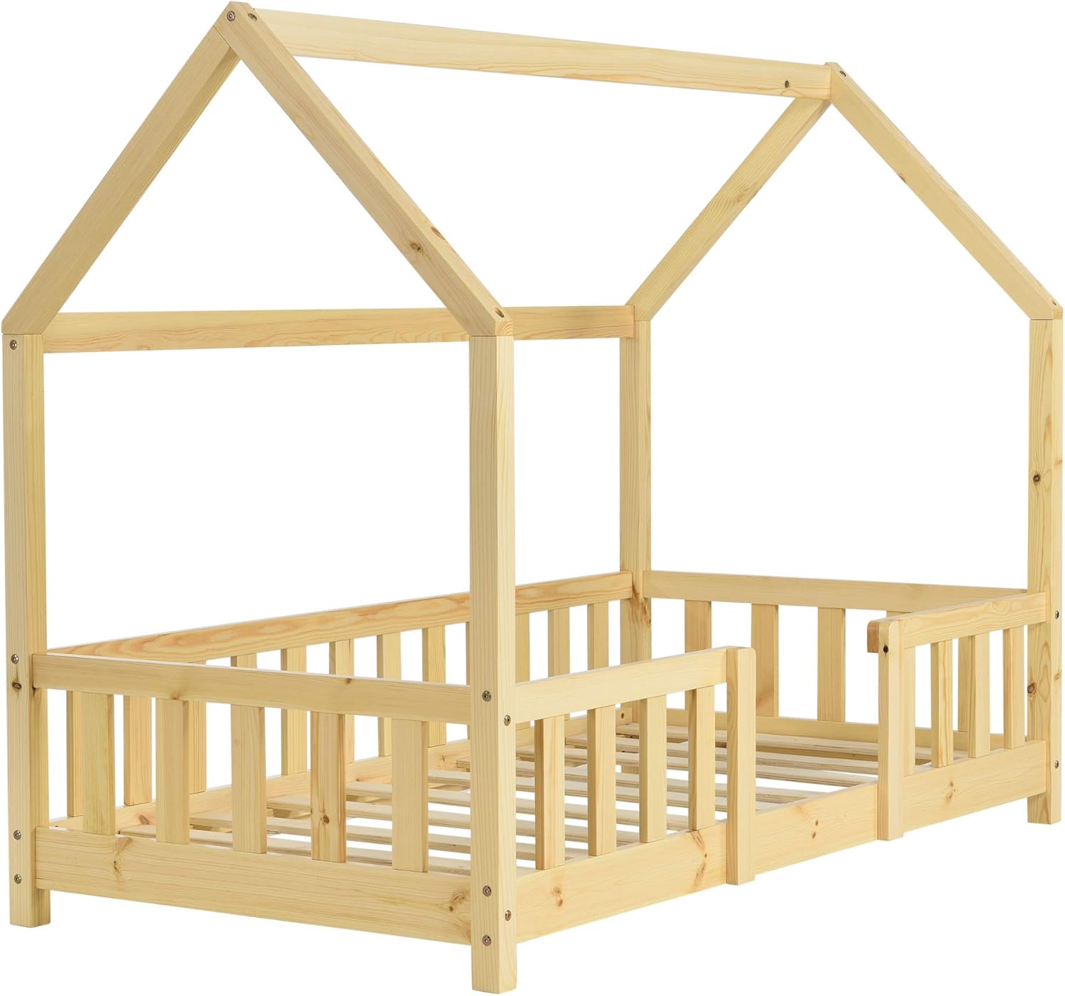[en.casa] Letto per bambini Sisimiut a capanna 80 x 160 cm con protezione anticaduta letto in legno per bambini letto a terra rete a doghe in legno di pino Bianco opaco