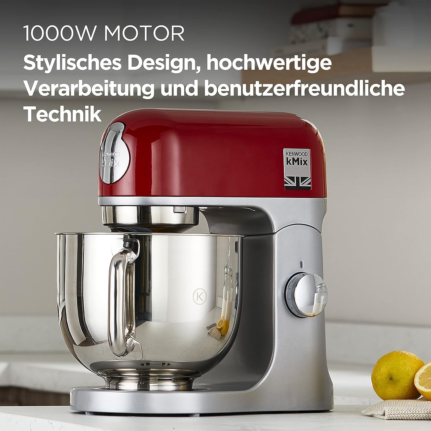 Kenwood kMix KMX750RD Robot da cucina, Ciotola in acciaio inox da 5 litri, Sistema di sicurezza Safe-Use, Corpo in metallo, 1000 Watt, Inclusi set di 3 accessori da pasticceria e paraspruzzi, Rosso