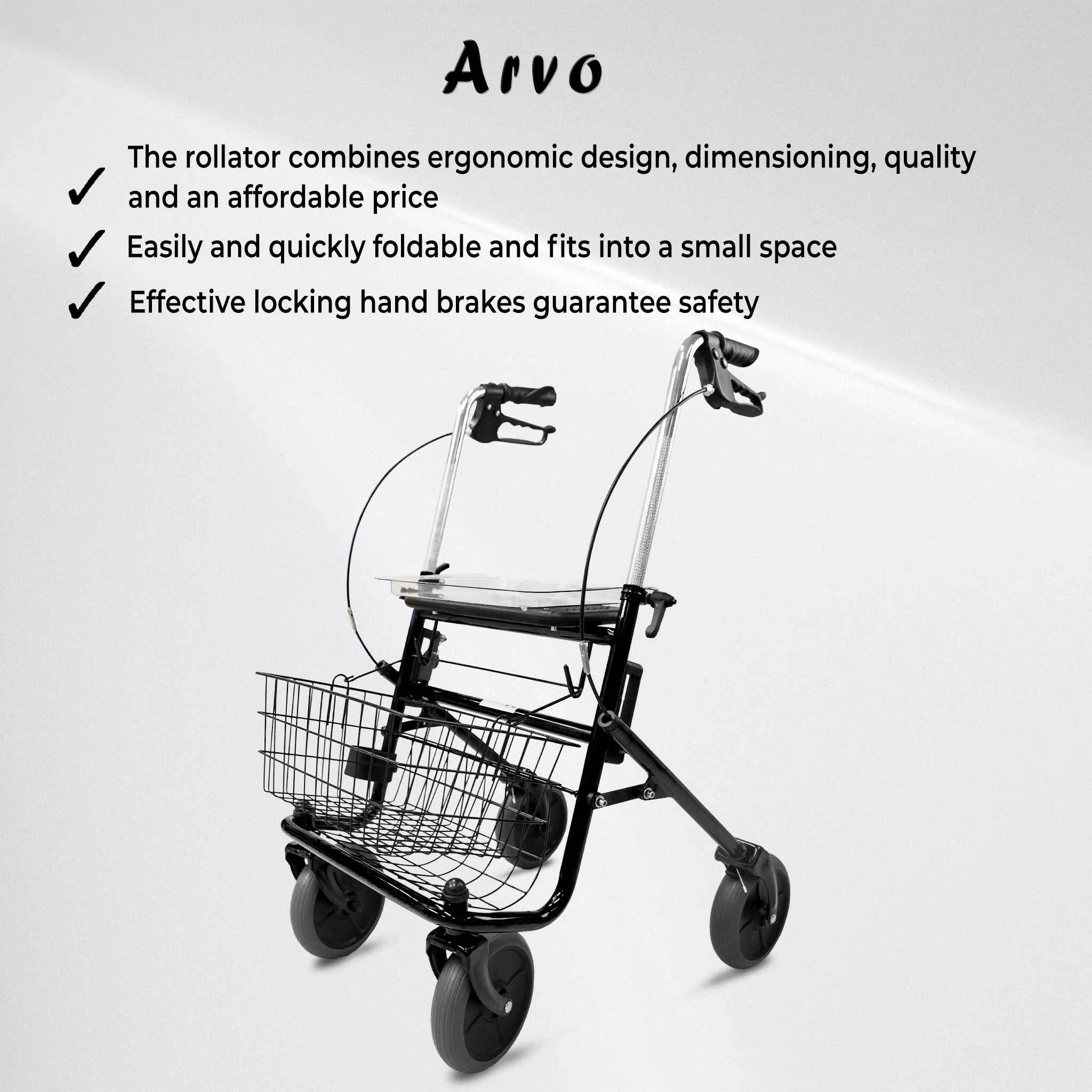 Arvo Rollator, für den Innen- und Auenbereich, Schwarz