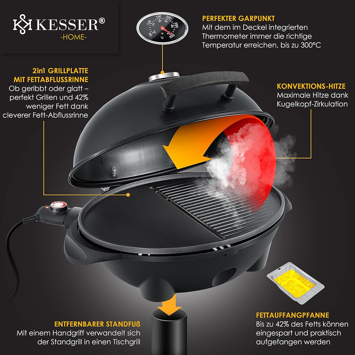 KESSER® Barbecue elettrico 2 in 1 da tavolo e da terra con coperchio, base, termometro max. 2400 Watt, piastra antiaderente XXL, ripiano, barbecue elettrico a colonna, set per barbecue incluso
