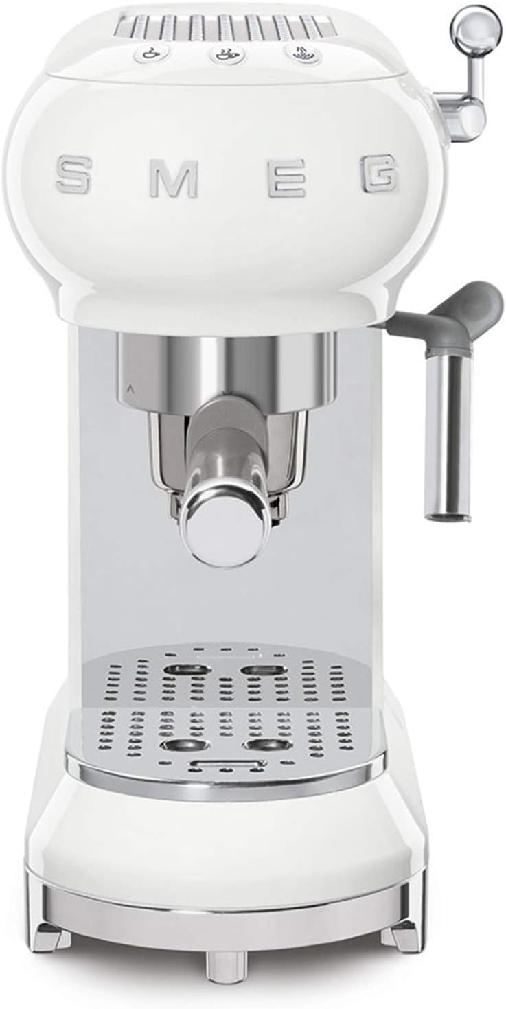 Smeg, ECF01WHEU Macchina da Caffè Espresso Manuale, Sistema Cappuccino, Thermoblock, Alloggiamento Tazze Grandi e Funzione Doppio Caffè, Serbatoio Acqua 1 l, Dimensioni Compatte, 1350W, Bianco