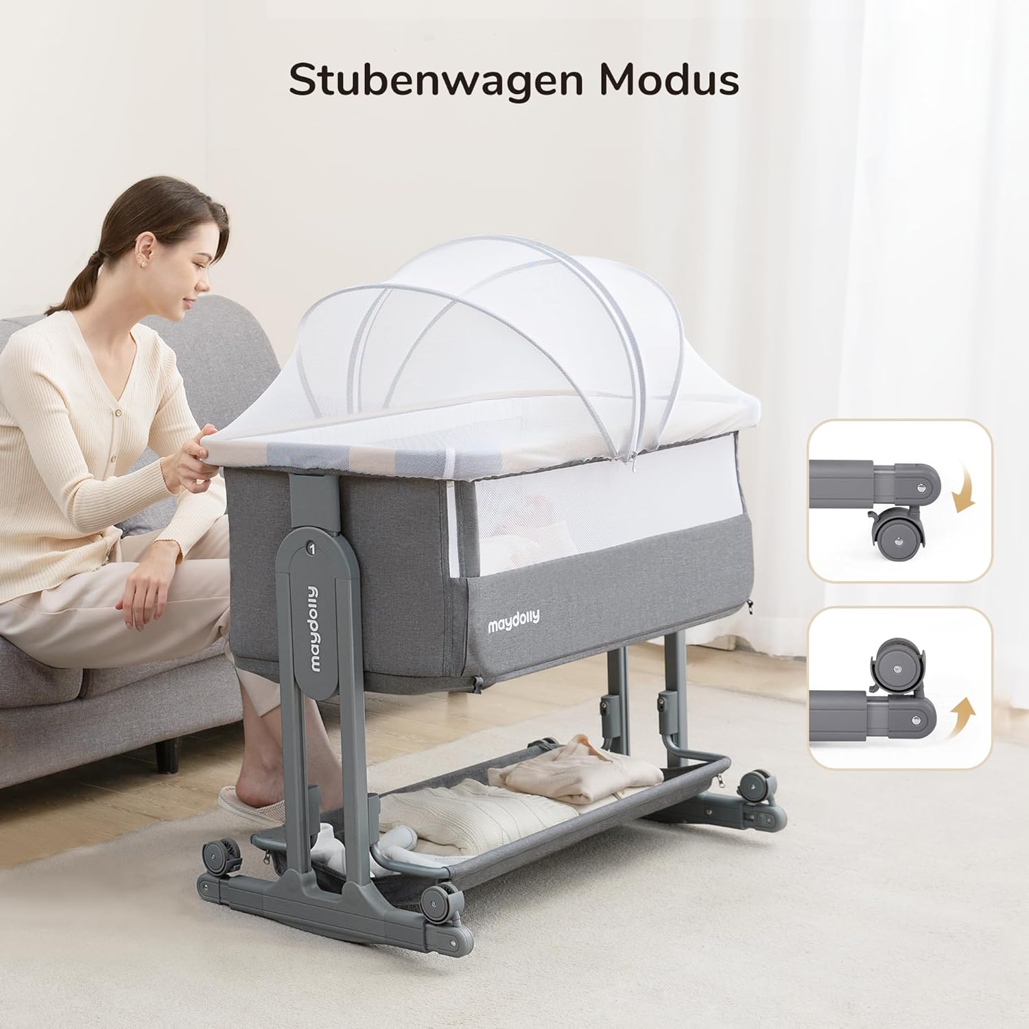 Maydolly Baby Beistellbett,3 in 1 Babybett mit Aufbewahrungskorb, Tragbare Krippe mit Rädern, Höhenverstellbar, Krippe mit Moskitonetz und Matratze für Säuglinge/Neugeborene,Grau