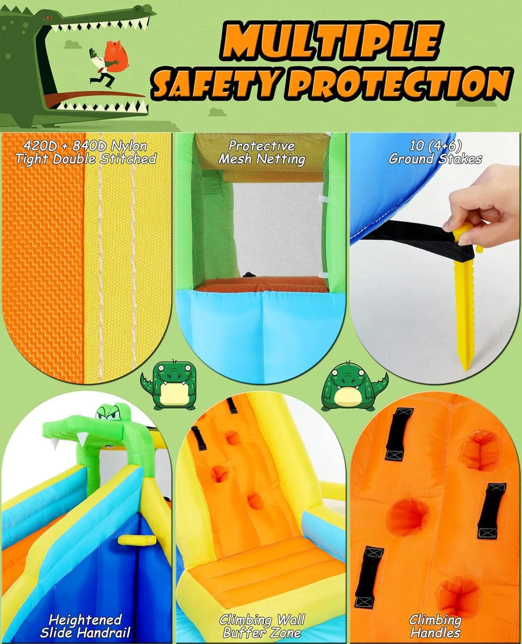 Scivoli d'acqua gonfiabili per bambini, parco acquatico gonfiabile 8-in-1 con soffiatore da 450 W, parete da arrampicata, piscina, 2 cannoni ad acqua, canestro da basket, scivolo ad acqua, irrigatore a coccodrillo come regalo per una festa in giardino