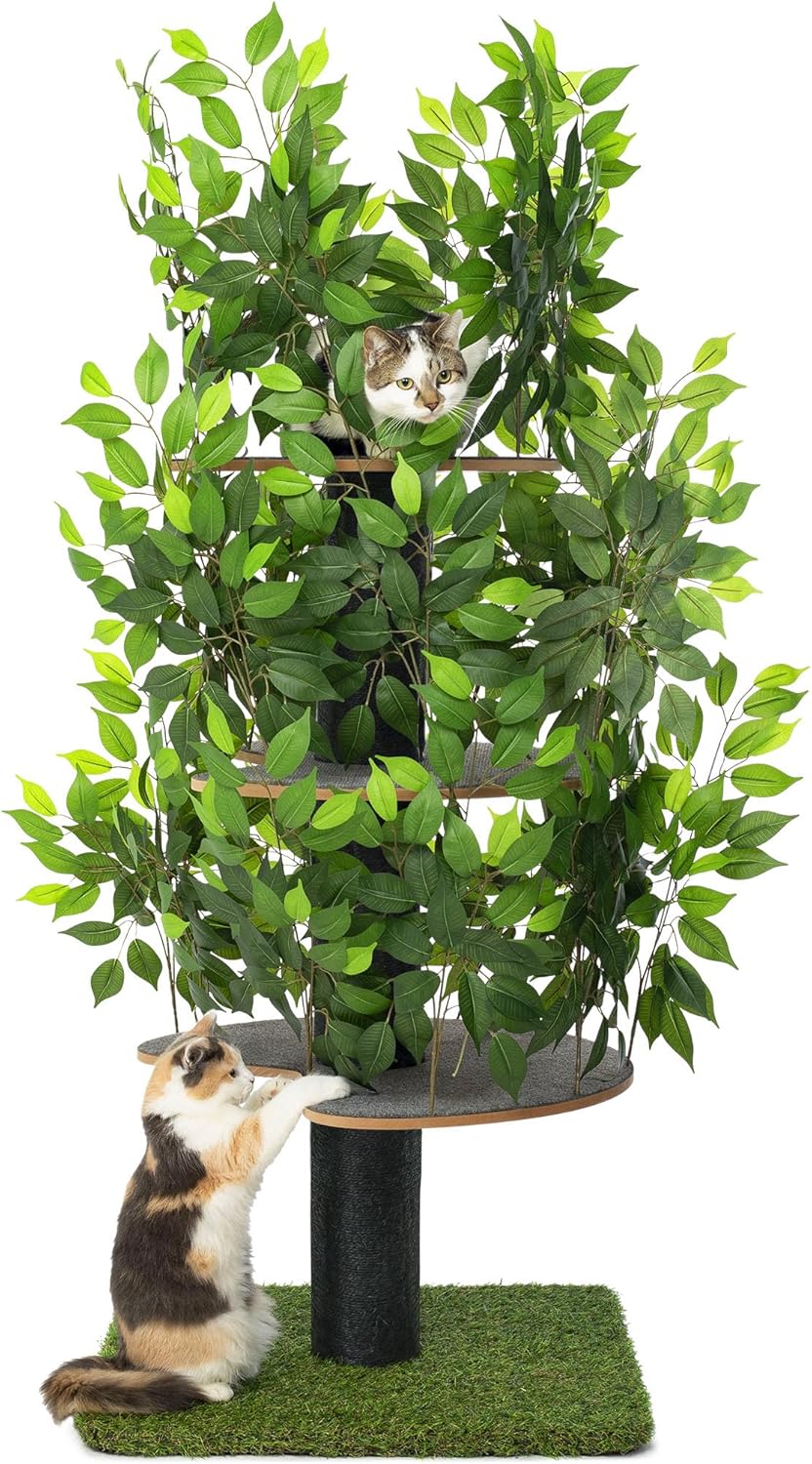 Tiragraffi albero naturale per arrampicarsi, nascondersi e dormire - grande con foglie intercambiabili - a più livelli, facile da montare - materiali sicuri per animali domestici, durevole e robusto albero per gatti brevettato