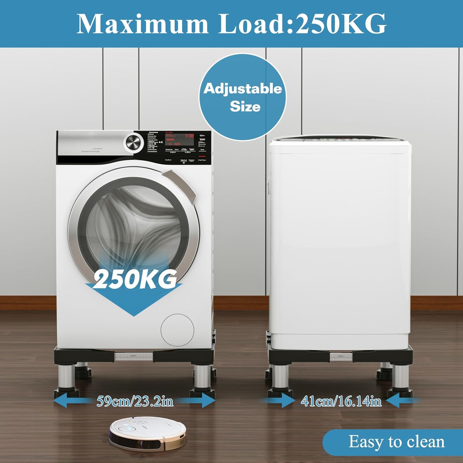 DEWEL Base Regolabile per Lavatrice, Carico Massimo 300KG, Supporto Piedistallo per Asciugatrice, Frigorifero, Congelatore, Larghezza 45-65cm, Altezza 18–22cm, Bianco