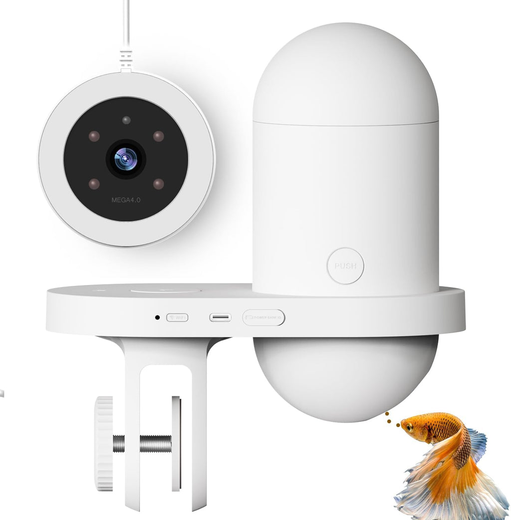 Dispenser Automatico di Cibo per Pesci da Acquario con Telecamera HD, Controllo tramite App (WiFi), Grande Capacità 230ml (25 giorni) per Casa e Vacanze