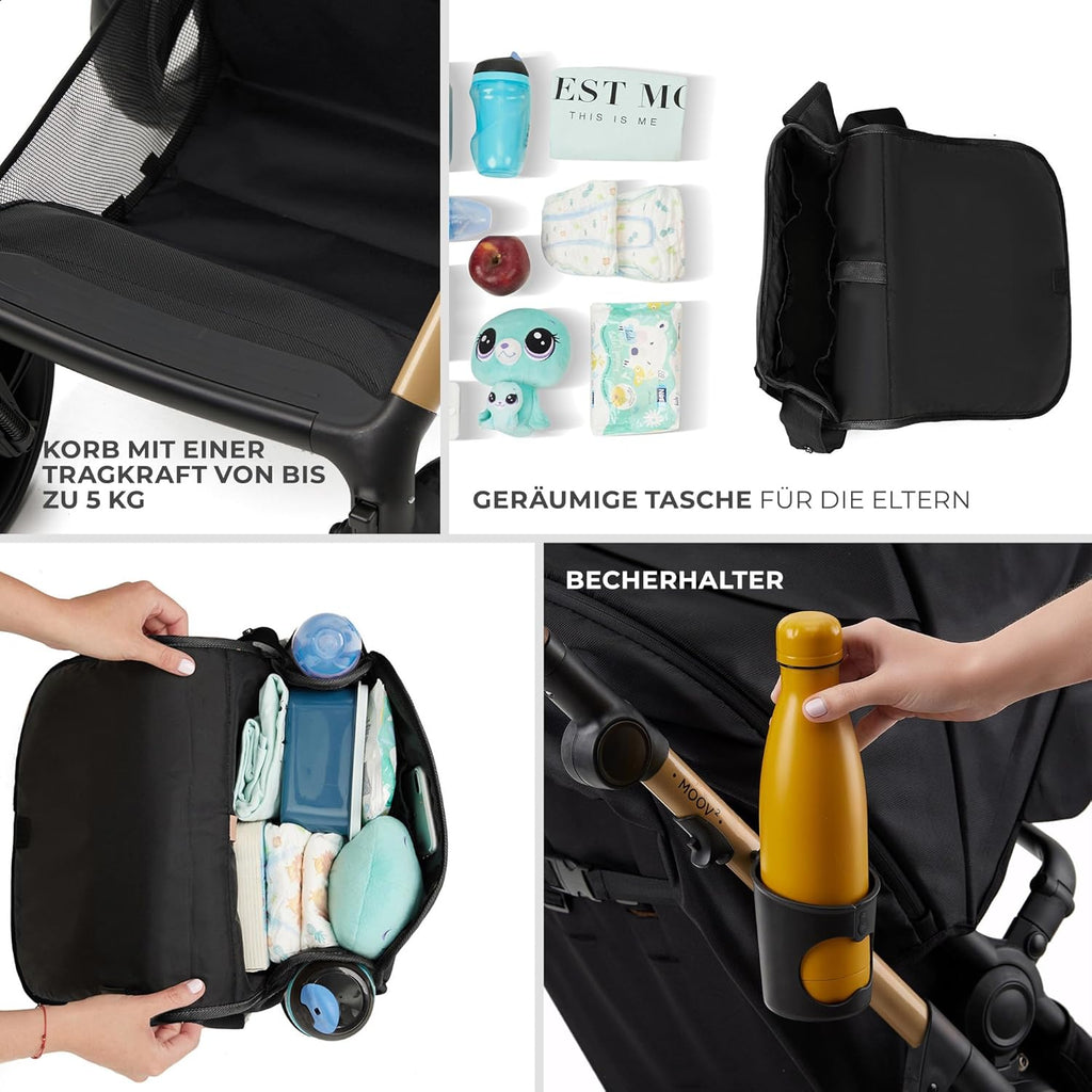 Kinderkraft MOOV2 AIR Passeggino 3 in 1 Set Passeggino fino a 26 kg con seggiolino auto I-SIZE 40-75 cm, funzione passeggino, schienale reclinabile, ampia capottina estensibile, ruote gonfiabili, nero