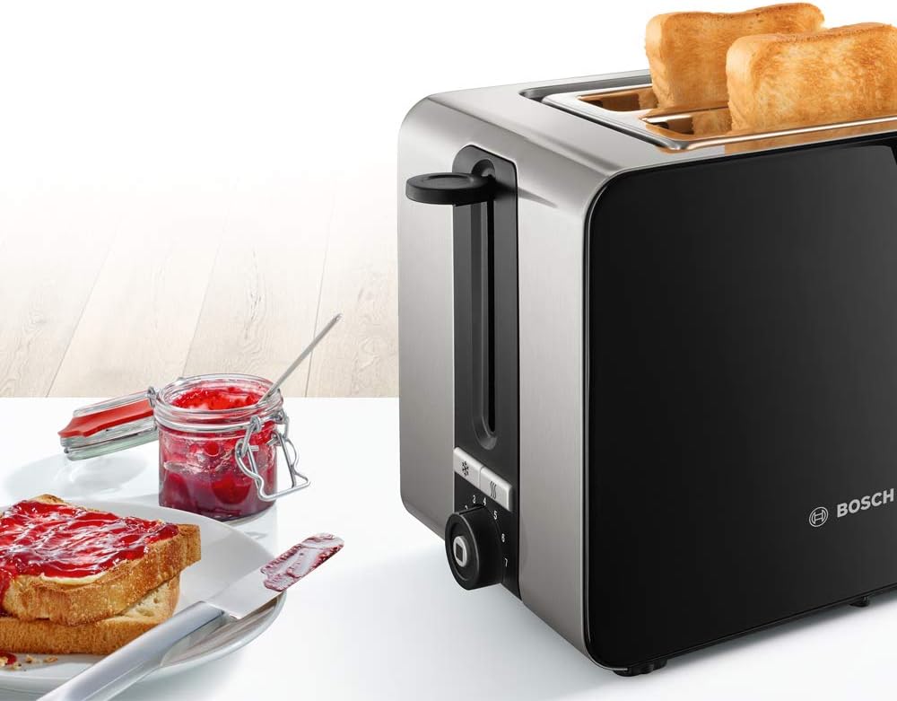 Bosch TAT7203 Tostapane compatto, funzione scongelamento/riscaldamento, 1050 W, acciaio inox/nero e bollitore senza fili, spegnimento automatico, protezione surriscaldamento, selezione temperatura, 1,5 L, 2400 W, nero