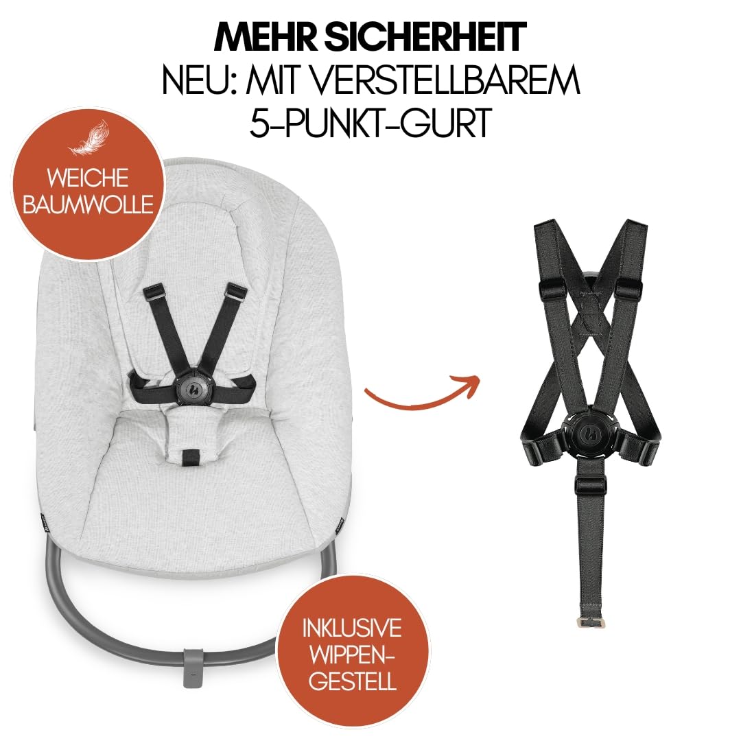hauck Alpha Plus Newborn Set mit Premium Bouncer Dark Grey - Baby Holz Hochstuhl ab Geburt mit Liegefunktion - extra flacher Aufsatz für Neugeborene & Baumwoll Sitzpolster - Grau