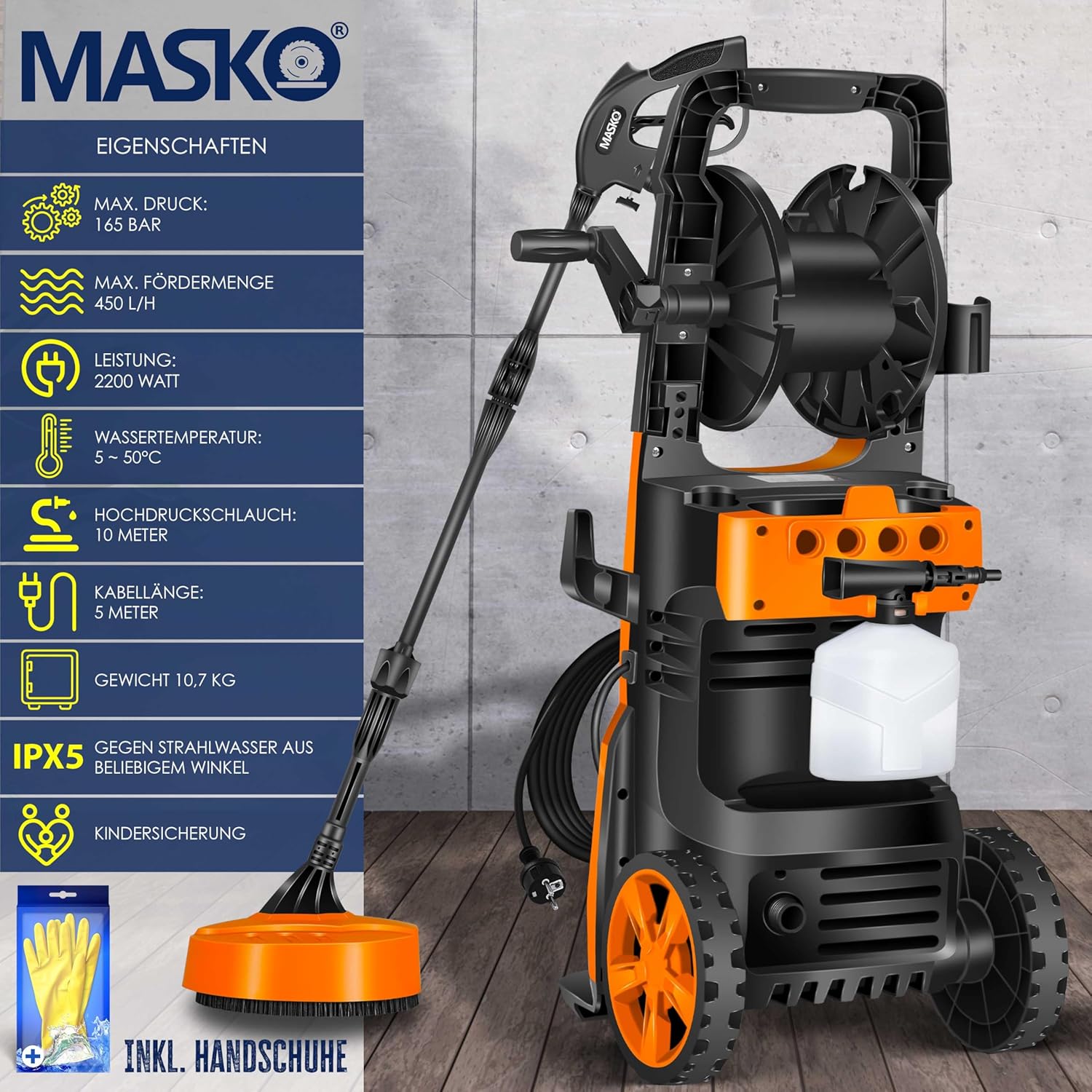 MASKO® Idropulitrice 2200 Watt 165 bar 450 l/h, con avvolgitubo 10m, set accessori 9 pezzi, con serbatoio per sapone e ugello schiumogeno, pistola ad alta pressione per auto/recinzioni/giardino/pati (Grigio)