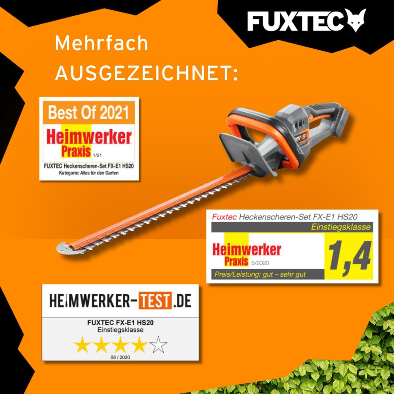 FUXTEC Heckenschere 20V inkl. Akku FX-E1HS20 Elektrischer Heckentrimmer mit Li-Ionen Batterie und Ladegerät – Schnittlänge 52 cm