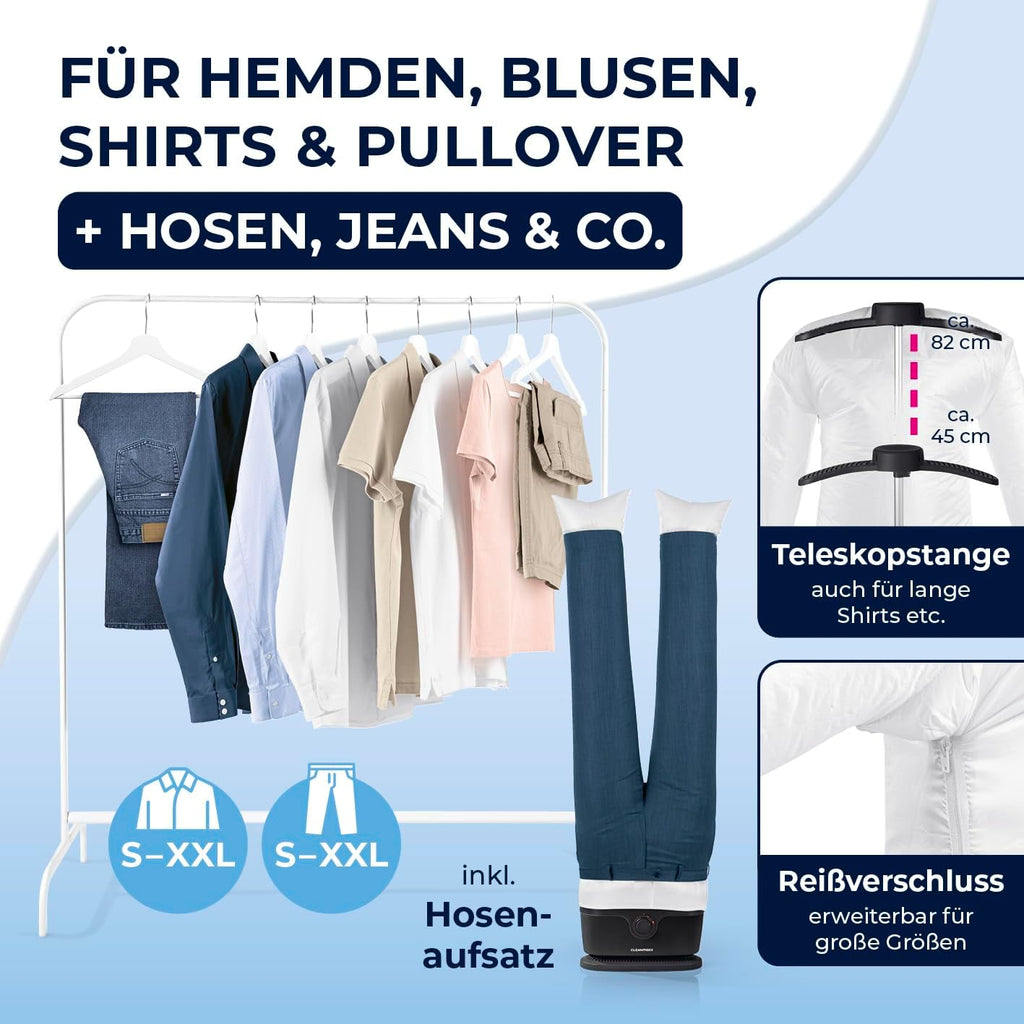 CLEANmaxx Stiratore automatico per camicie per asciugare e stirare camicie e bluse, inclusivo di accessorio per pantaloni | Il modo innovativo e delicato per stirare il vostro bucato
