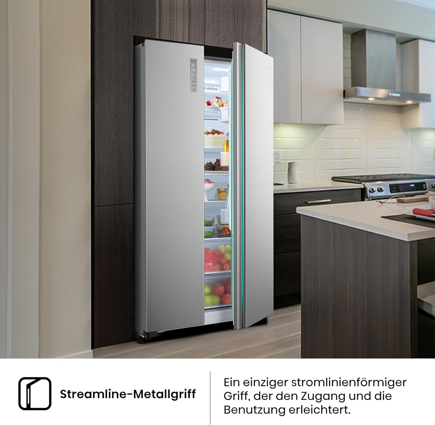 Hisense RS677N4BFD Frigorifero Americano Side by Side / Compressore Inverter / Porta Bottiglie / 2 FreshZone / Vano Verdure / Capacità Frigo 334 L / Capacità Congelatore 185 L / 41 dB / 247 kWh all'anno, Nero