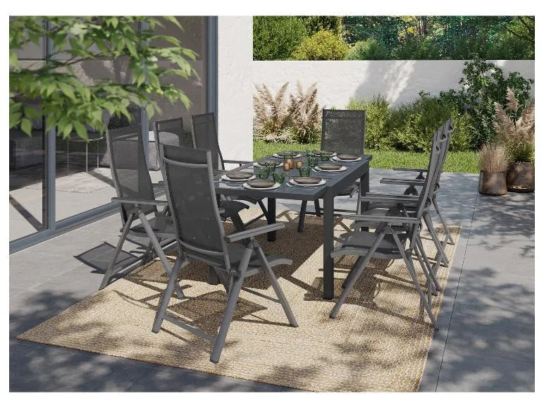 Set in alluminio »Houston«, 9 pezzi - Tavolo allungabile e 8 sedie schienale alto, grigio
