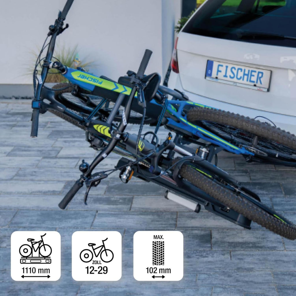 Fischer Portabici da Gancio Traino Proline Evo 2, per 2 biciclette fino a 60 kg di carico utile, adatto per e-bike, preassemblato, con serratura, pieghevole