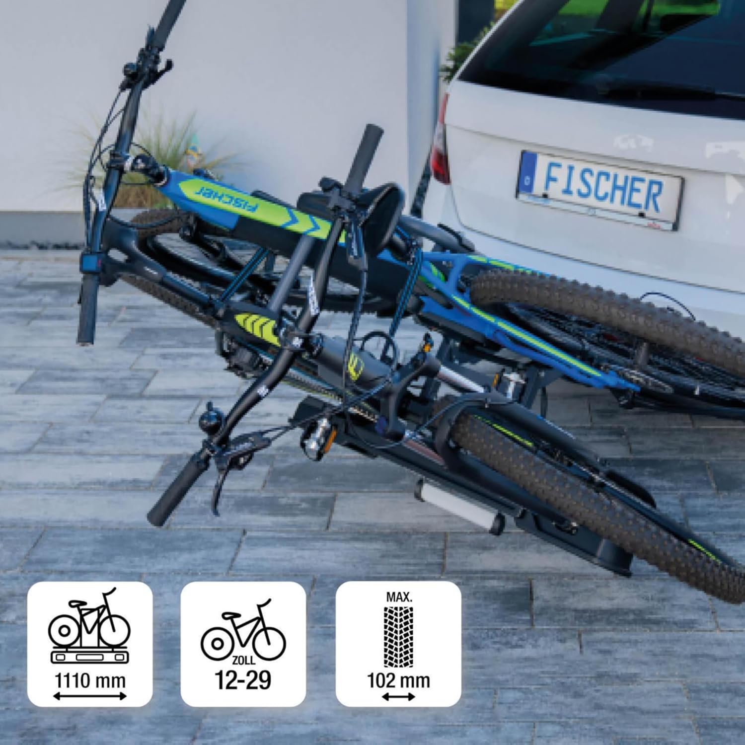 Fischer Portabici da Gancio Traino Proline Evo 2, per 2 biciclette fino a 60 kg di carico utile, adatto per e-bike, preassemblato, con serratura, pieghevole
