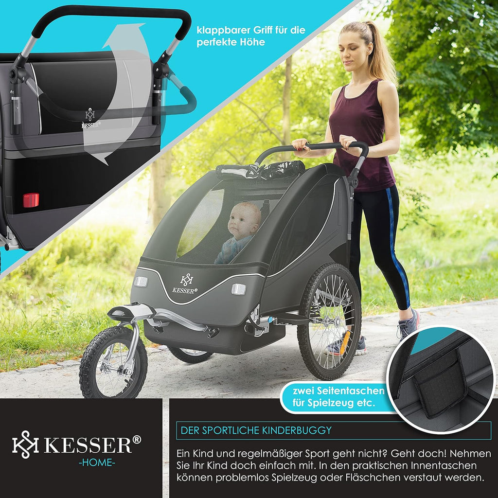 KESSER® Kinderanhänger Fahrradanhänger 360° Drehbar mit Federung 2in1 Joggerfunktion Kinderfahrradanhänger + 5-Punkt Gurt Jogger Fahrrad Anhänger für 1 bis 2 Kinder max. 40kg Inkl. Warnfahne, Schwarz