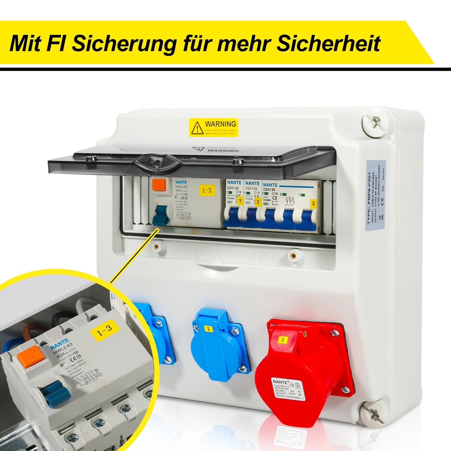 Sonnewelt Wandverteiler FI 2xSchuko-Steckdose und CEE-Steckdose 16A