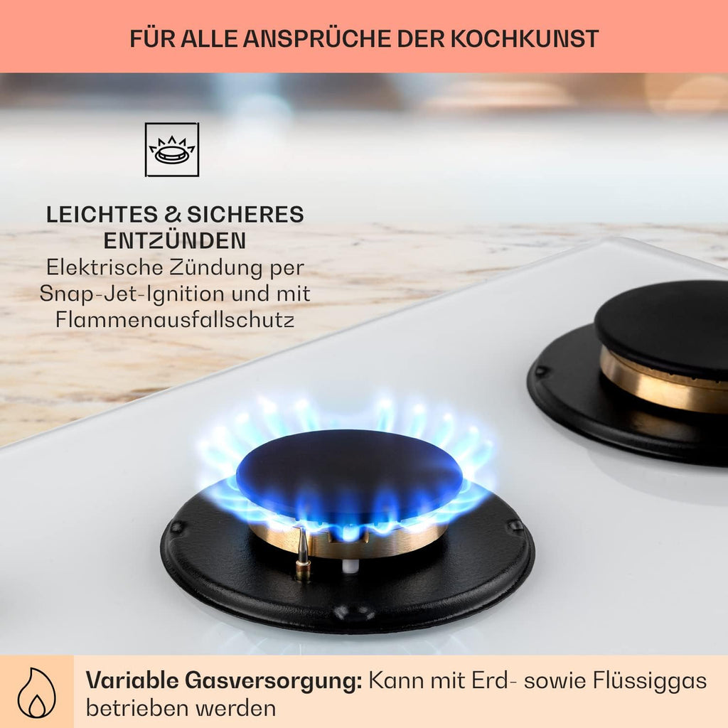 Klarstein Gasherd, Gaskochfeld 4 Flammig, Einbau-Gaskocher für Zuhause & Wohnmobil, Campingkocher mit Glasplatte, Gasherd für Propan- und Erdgas, Edelstahl Gas-Herdplatte Wok Brenner 8000 Watt