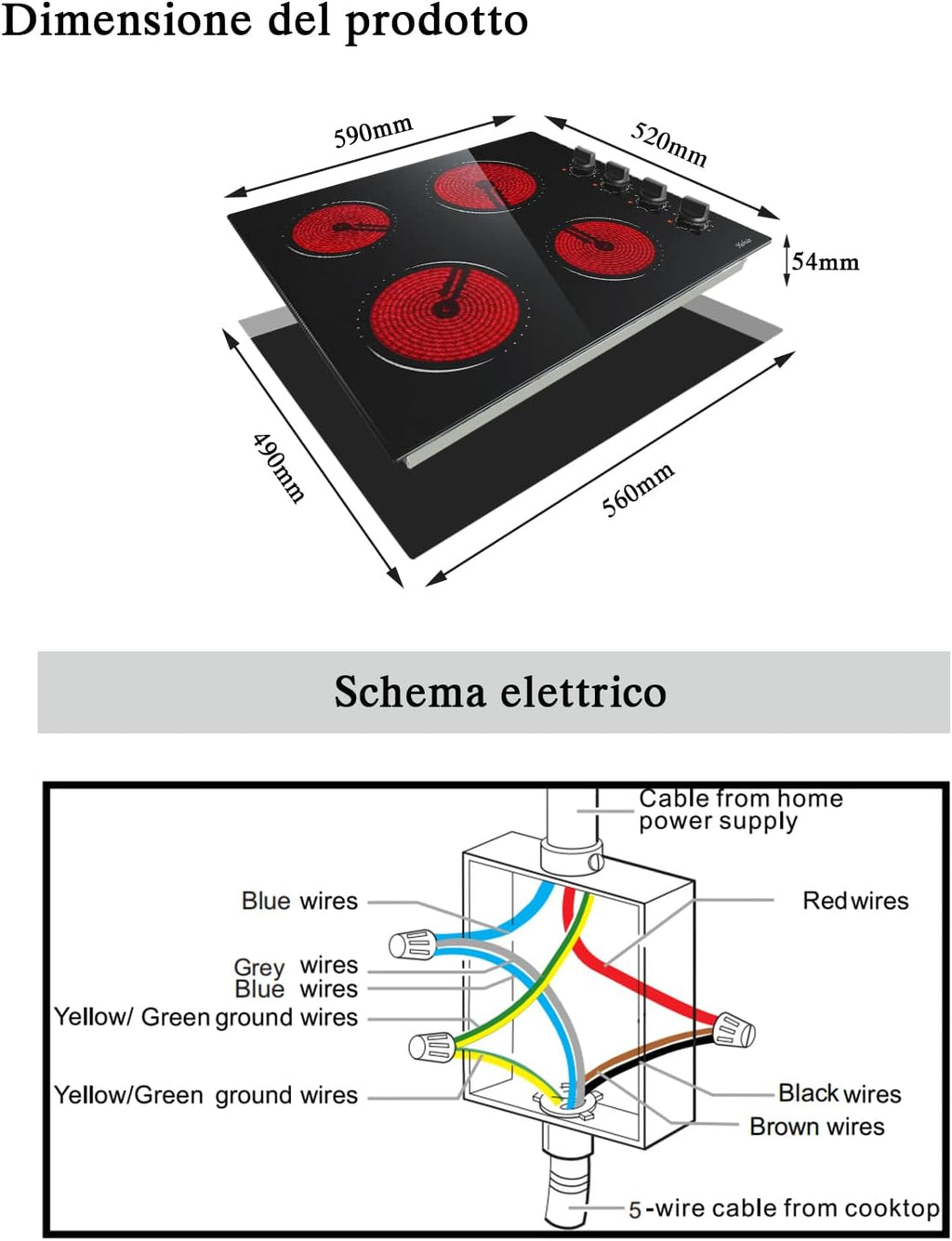 Piano cottura in vetroceramica a 4 zone, sensore touch, controllo autonomo, 60cm, 6000W, 9 livelli di potenza, cablato, senza spina