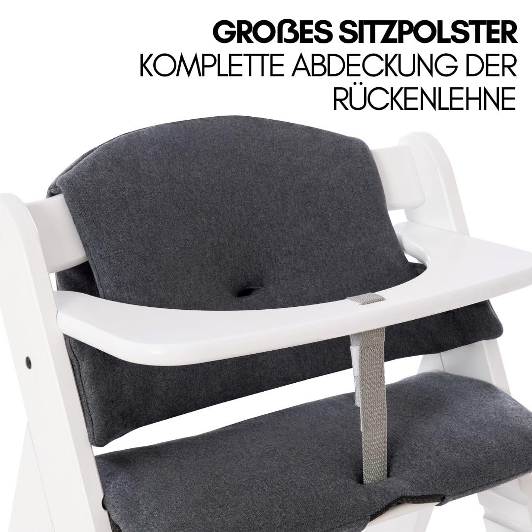 hauck Alpha Plus Newborn Set mit Premium Bouncer Dark Grey - Baby Holz Hochstuhl ab Geburt mit Liegefunktion - extra flacher Aufsatz für Neugeborene & Baumwoll Sitzpolster - Grau