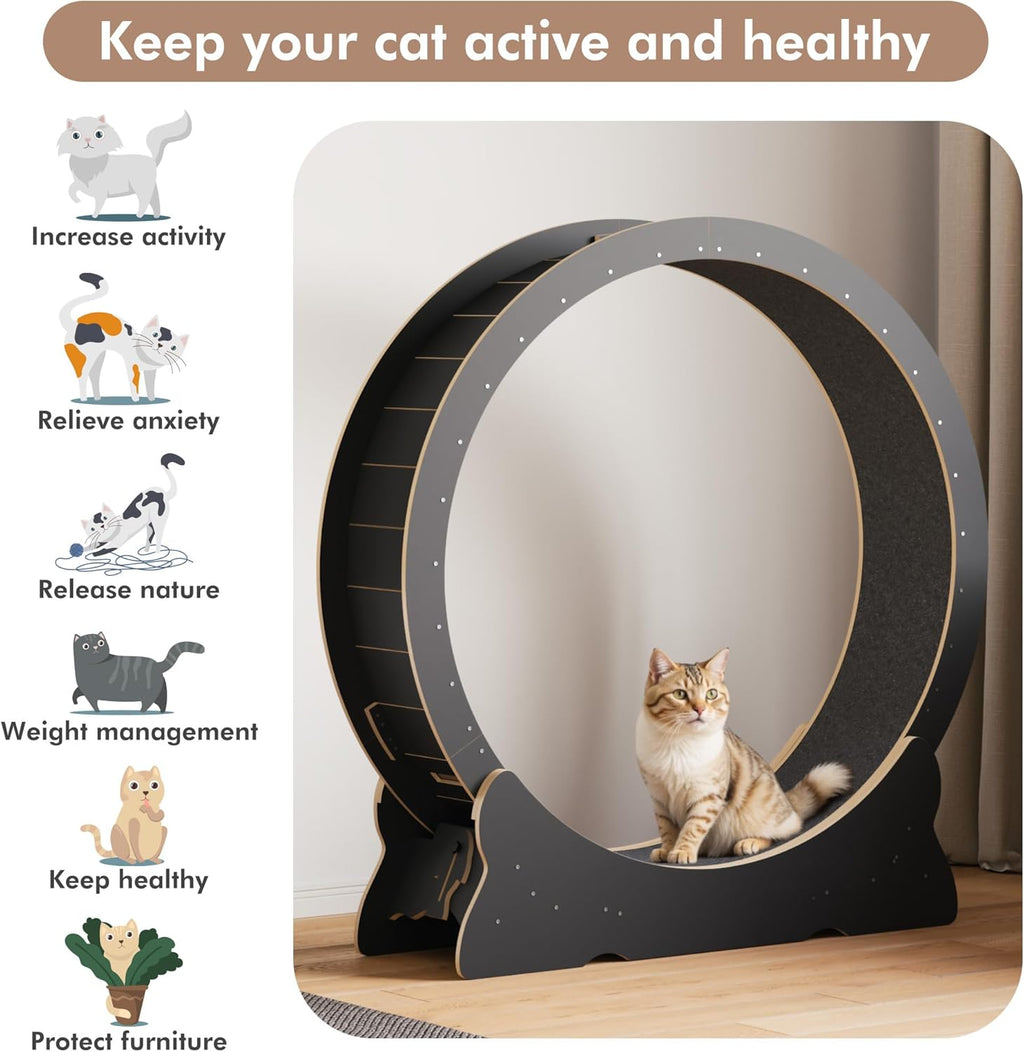 Mondeer Ruota per gatti da interno, tapis roulant da 110 cm con tappeto rimovibile, ruota da corsa in legno per gatti di taglia piccola, media e grande, attrezzo per fitness e perdita di peso, nero