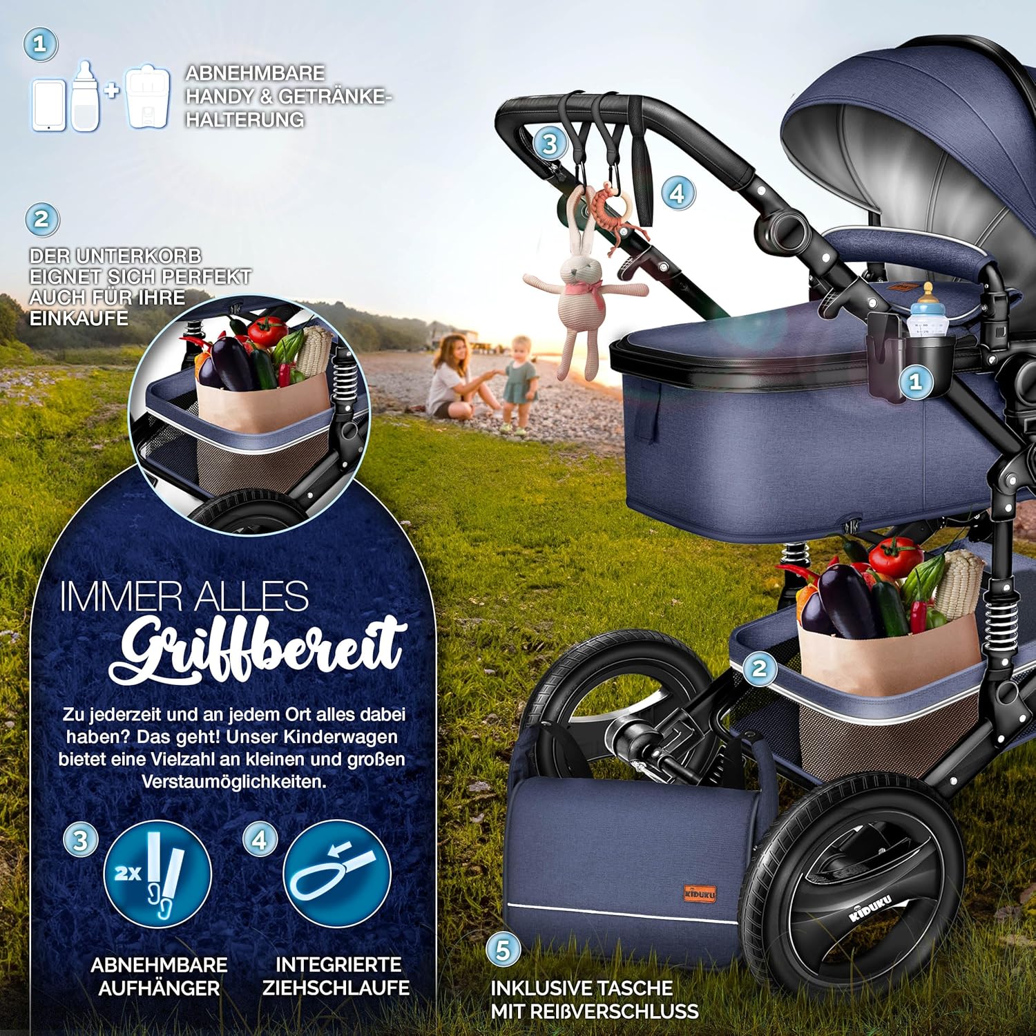 KIDUKU® Set completo passeggino 3 in 1 | Set passeggino combinato con navicella e sedile sportivo passeggino e seggiolino auto ovetto sacco a pelo | Ruote in gomma piena borsa per il cambio scaldamani parapioggia tavolino ECE R129