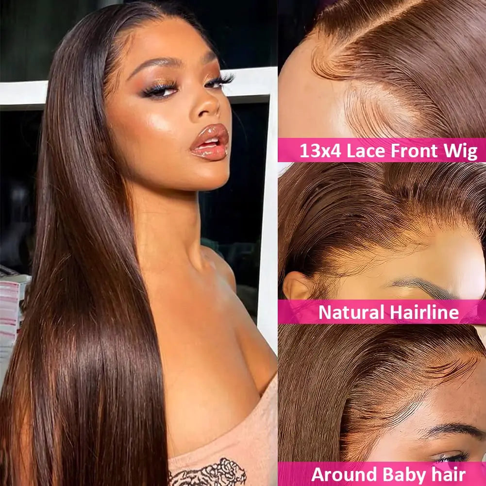 Parrucca Frontale in Pizzo Marrone Cioccolato con Capelli Veri e Baby Hair - Parrucca Frontale in Pizzo Liscio 13x4 con Attaccatura Pre-strappata #4 Densità 150