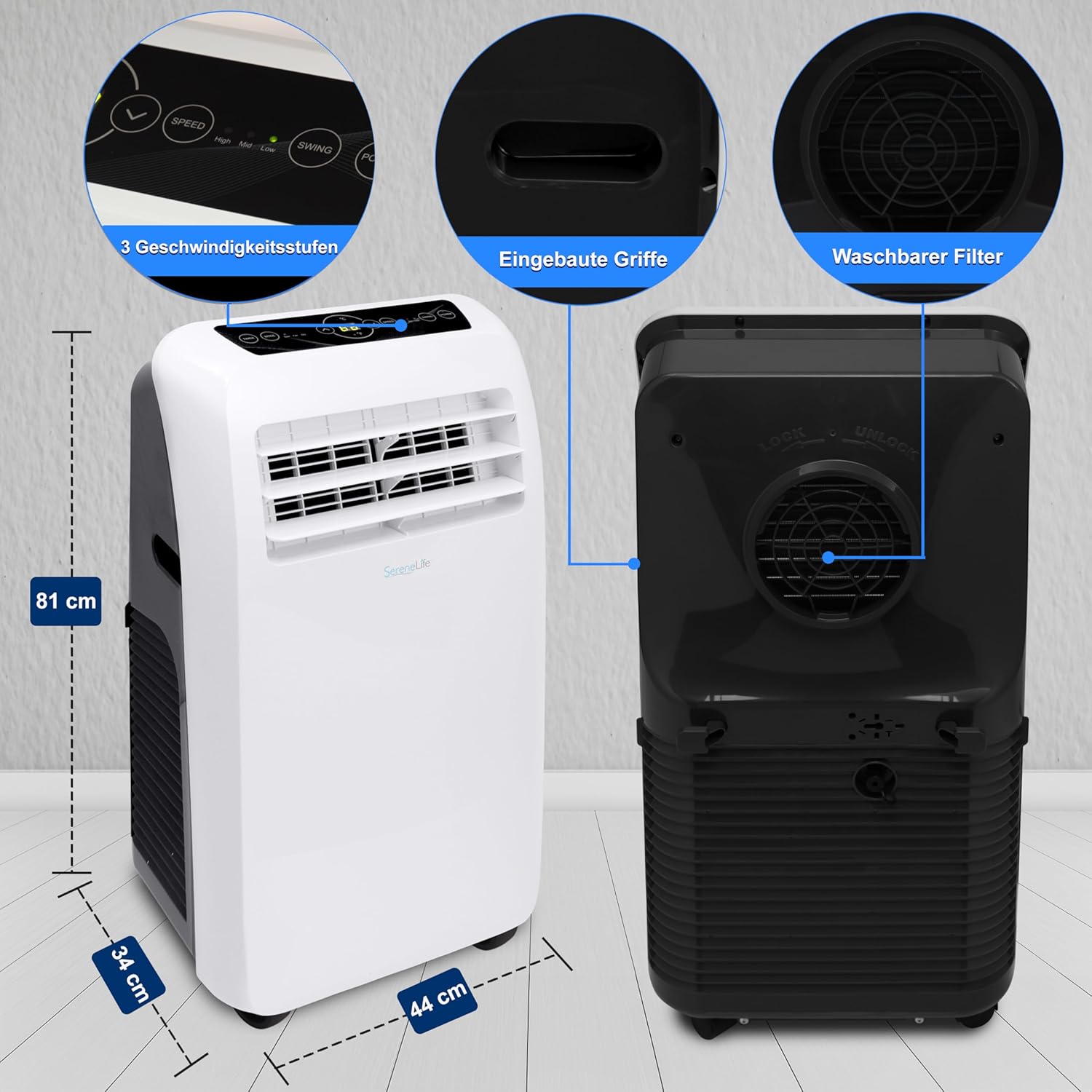 SereneLife Climatizzatore portatile, dispositivo di raffreddamento ad aria mobile 3 in 1 con tubo di scarico - Refrigeratore ad aria, deumidificatore e ventilatore, climatizzatore 9.000 BTU, 1,5 L umidità/ora, raffredda ambienti fino a 42 m