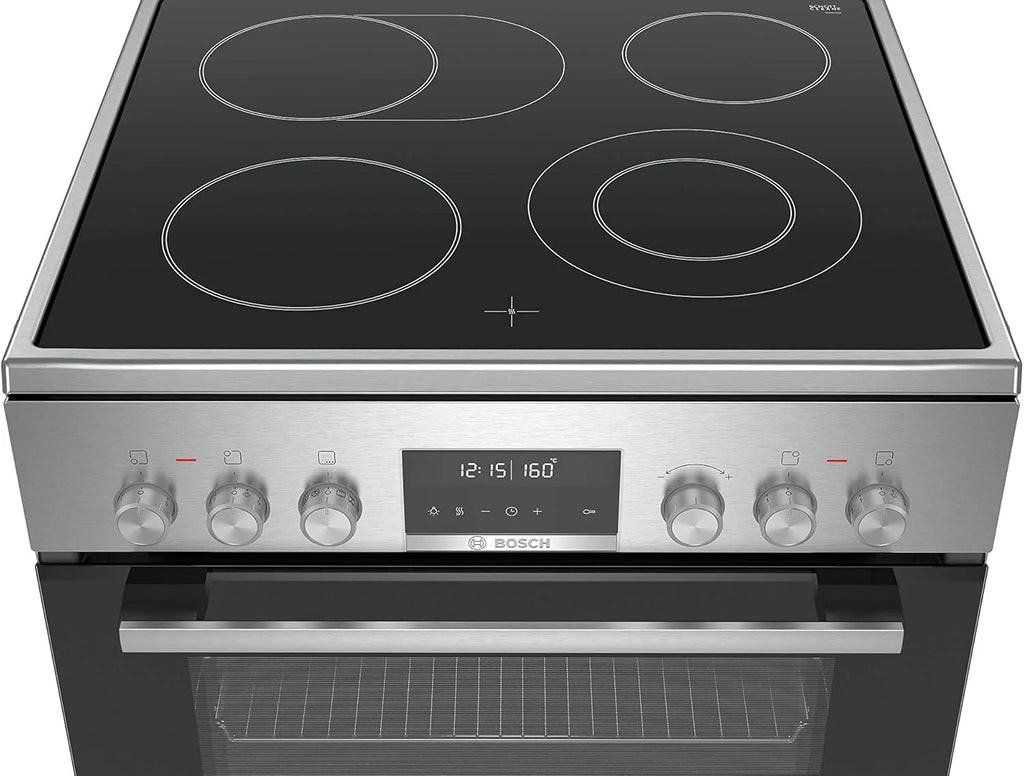 Bosch HKR39C250 Serie 4 Cucina Elettrica Indipendente, 60 cm di larghezza, Pulizia EcoClean Direct, Cottura a Ventilazione 3D su 3 livelli, Controllo con Display LED, Zona di cottura espandibile per pentole grandi