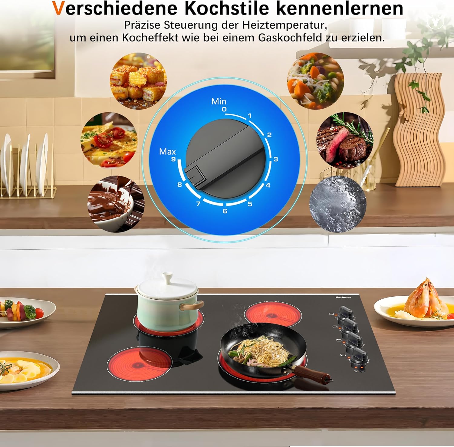 Karinear Einbau-Kochfeld aus Glaskeramik, 4 Kochfelder, mit doppelter ausziehbarer Zone, integrierter elektrischer Tisch mit Touch-Steuerung, Timer, Verriegelung für Kinder, 6600 W