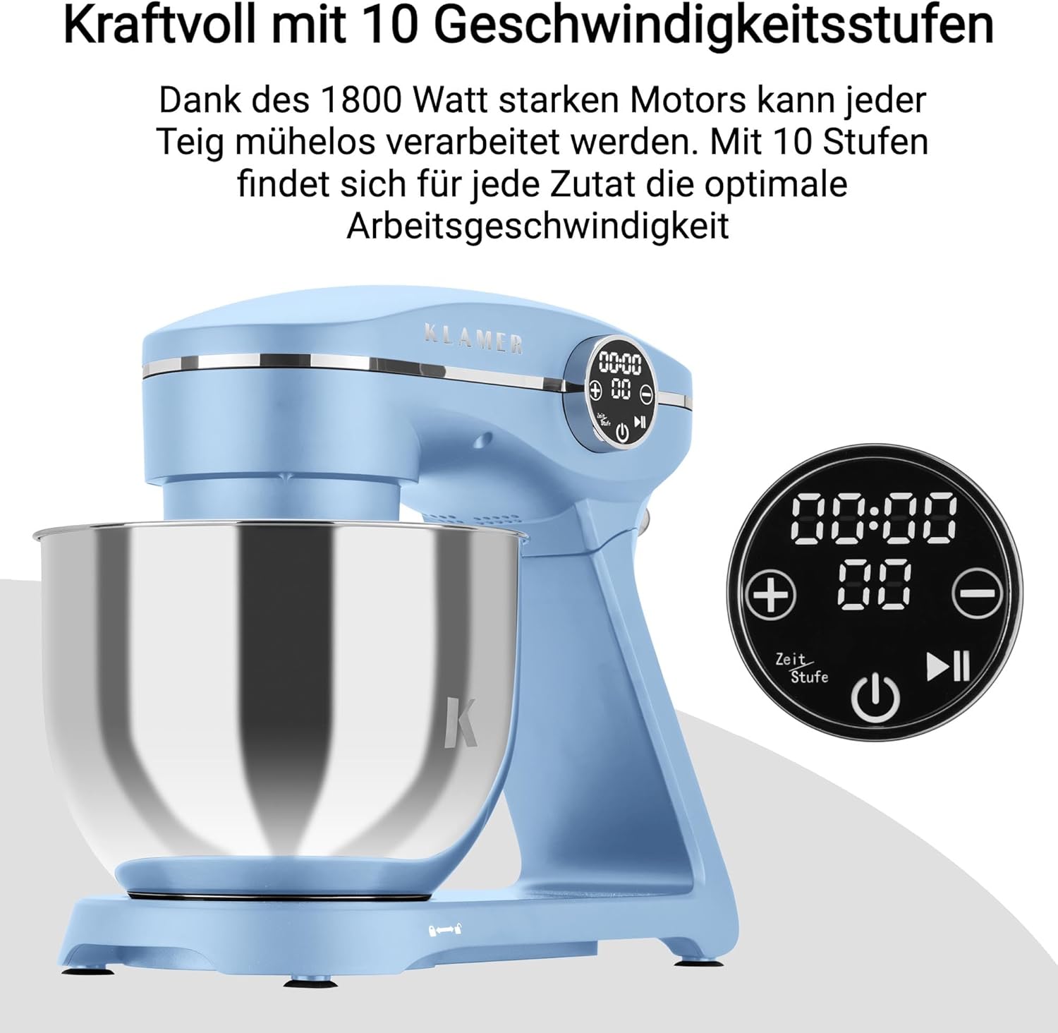 KLAMER Robot da Cucina 1800W, Impastatrice per Pane con Ciotola in Acciaio Inox da 6 L, 10 Velocità con Timer, Movimento Planetario, Frusta a Filo, Gancio Impastatore, Frusta a Palloncino e Coperchio Antischizzi (Nero)