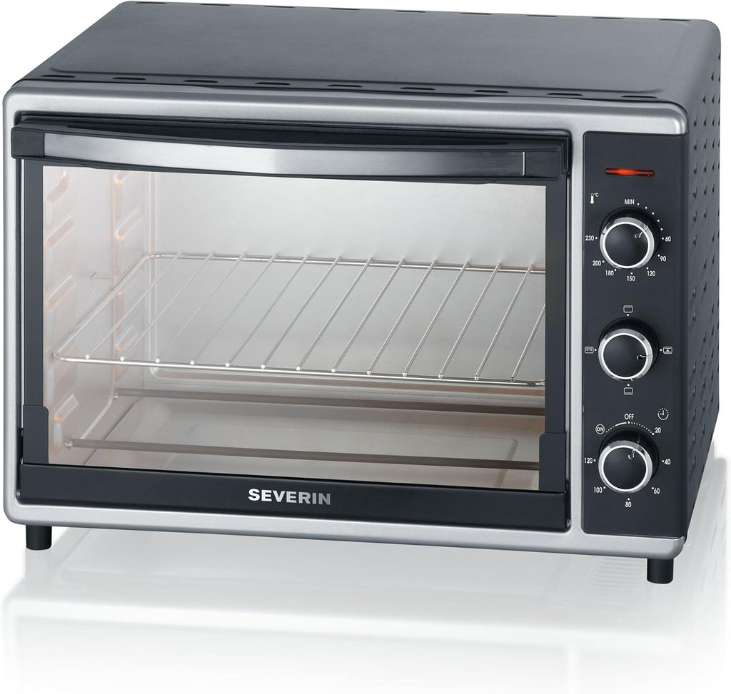 SEVERIN Forno e Tostapane con funzione ventilata, Mini Forno con griglia, teglia da forno, spiedo rotante e pietra per pizza, forno ventilato versatile con capacità di 42 L, 1.800 W, nero, TO 2058