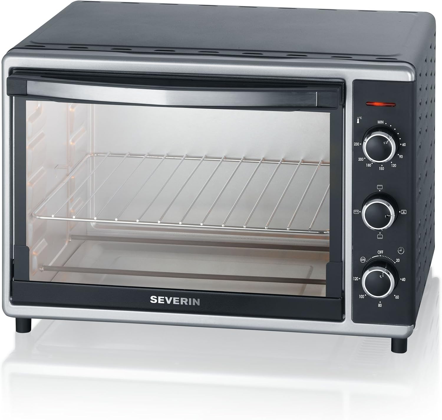 SEVERIN Forno e Tostapane con funzione ventilata, Mini Forno con griglia, teglia da forno, spiedo rotante e pietra per pizza, forno ventilato versatile con capacità di 42 L, 1.800 W, nero, TO 2058