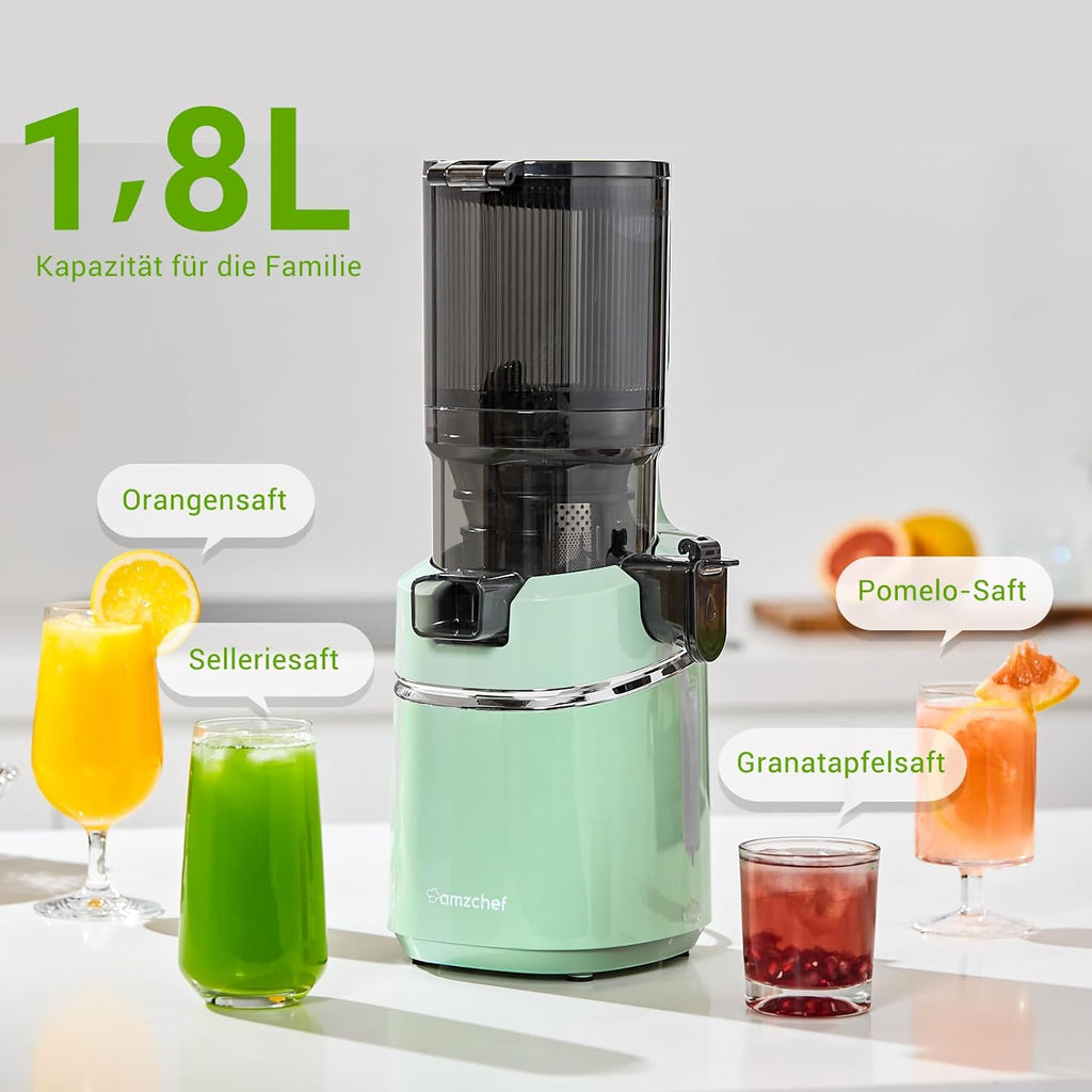 AMZCHEF Estrattore di Succo Automatico Tutto in Uno, Apertura da 135MM e Spremiagrumi da 1,8L per Frutta e Verdura, Estrattore di Succo Lento 250W Vincitore del Test con Triplo Filtro - Nero