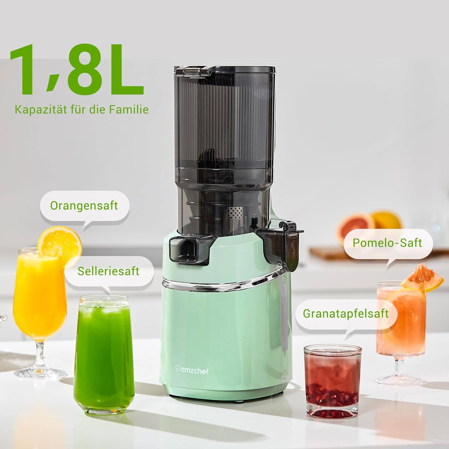 AMZCHEF Estrattore di Succo Automatico Tutto in Uno, Apertura da 135MM e Spremiagrumi da 1,8L per Frutta e Verdura, Estrattore di Succo Lento 250W Vincitore del Test con Triplo Filtro - Nero