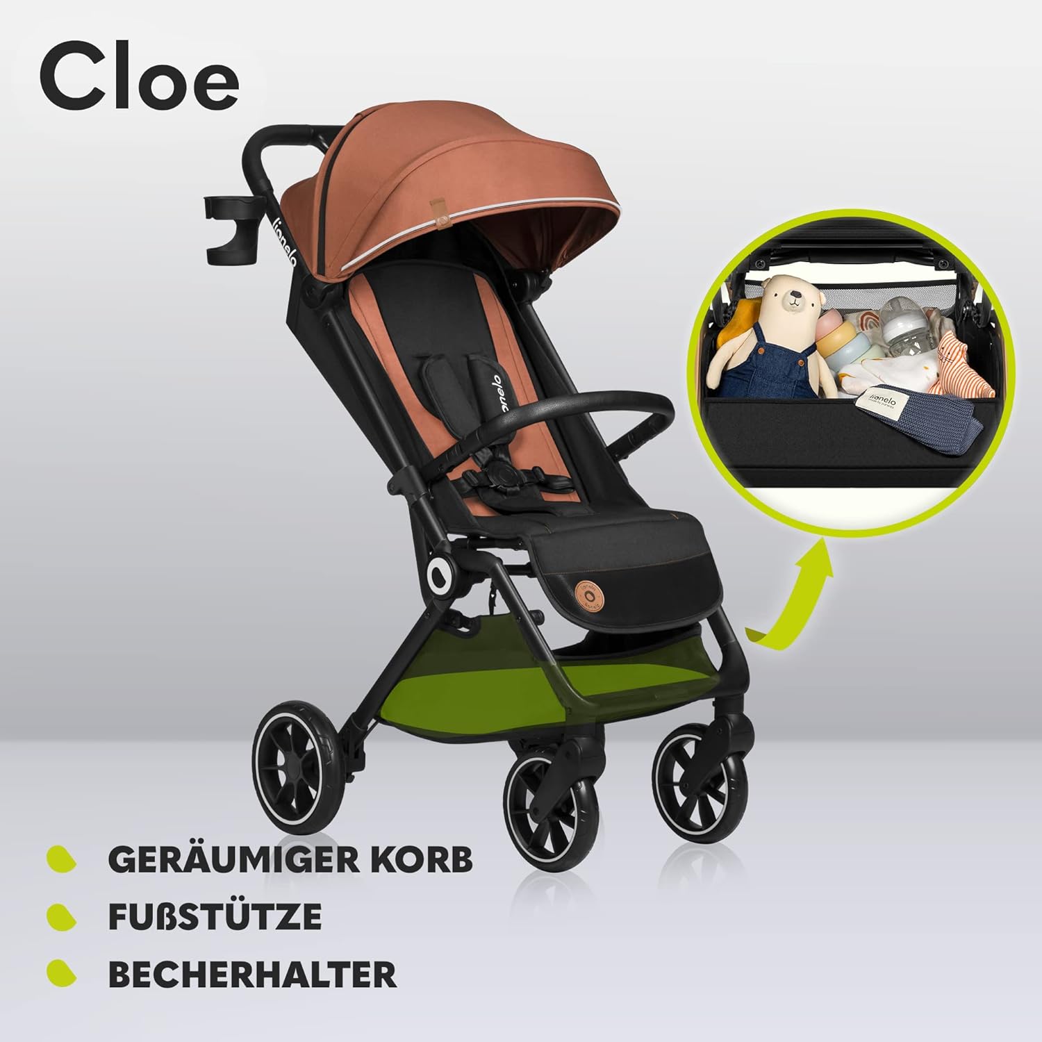 LIONELO Cloe Passeggino Pieghevole fino a 22 kg, Schienale Reclinabile Funzione Nanna, Imbracatura a 5 Punti Grandi Ruote Girevoli Zanzariera Porta Biberon Leggero Compatto Impermeabile (Grigio)