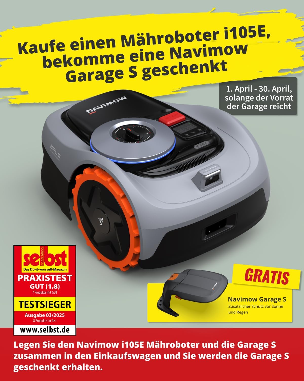Robot rasaerba Navimow i105E senza filo perimetrale, consigliato per 500 m², max. 600 m², robot tosaerba RTK+Vision vincitore di test, robot rasaerba con protezione per ricci, mappatura automatica AI, bordo virtuale, multizona