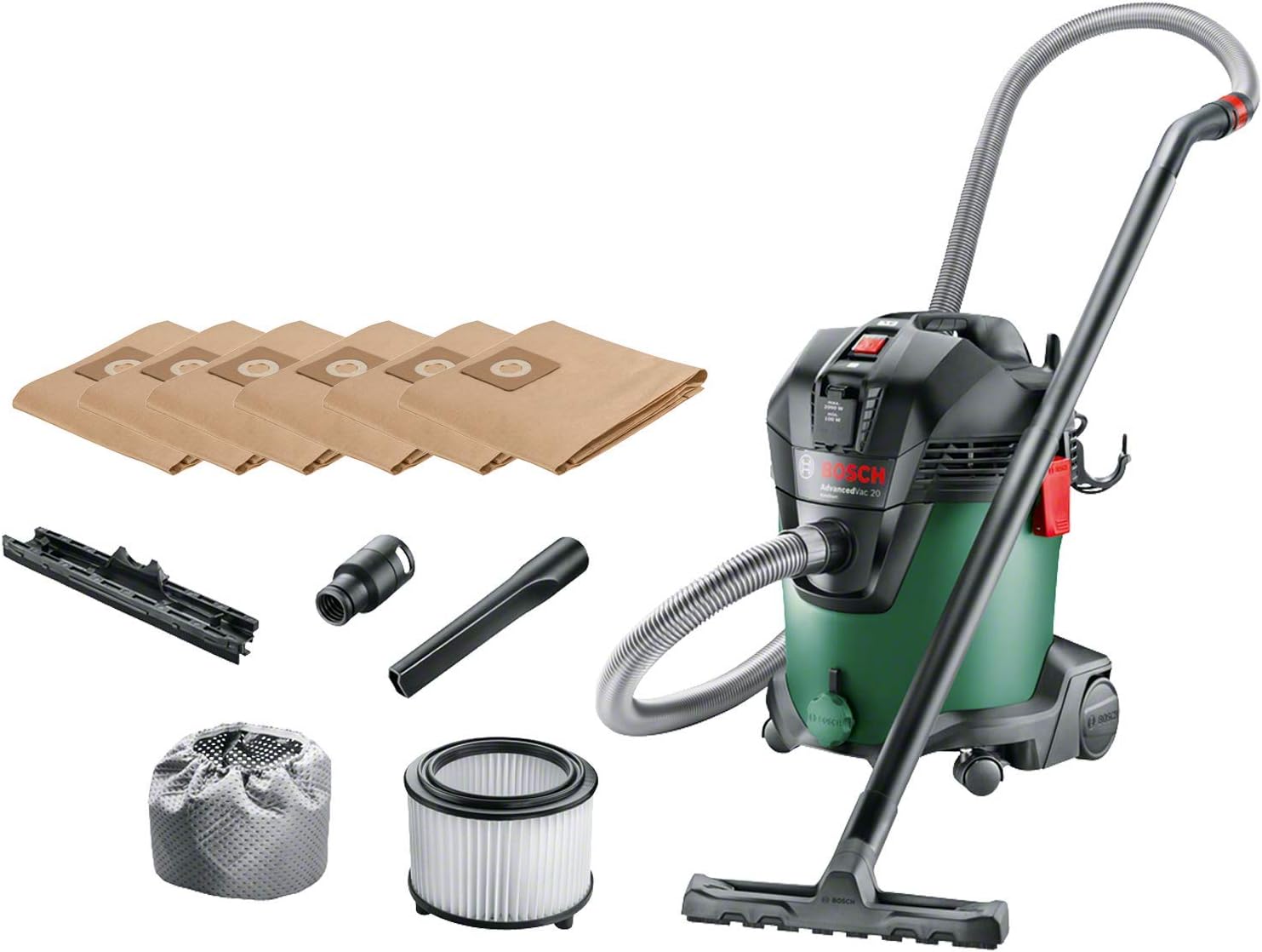 Aspiratore Bosch per solidi e liquidi AdvancedVac 20 (1200 Watt, capacità serbatoio 20 litri, in scatola di cartone)