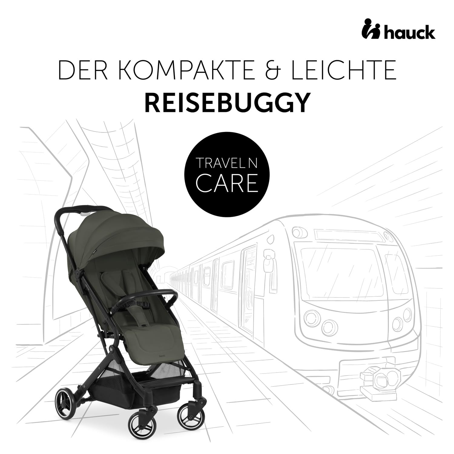 hauck Passeggino leggero Travel N Care per bambini dalla nascita fino a 22 kg con funzione reclinabile, ultraleggero - 6,9 kg, chiudibile con una mano, UPF 50+, ruote in EVA, cestino fino a 3 kg (Dark Olive)