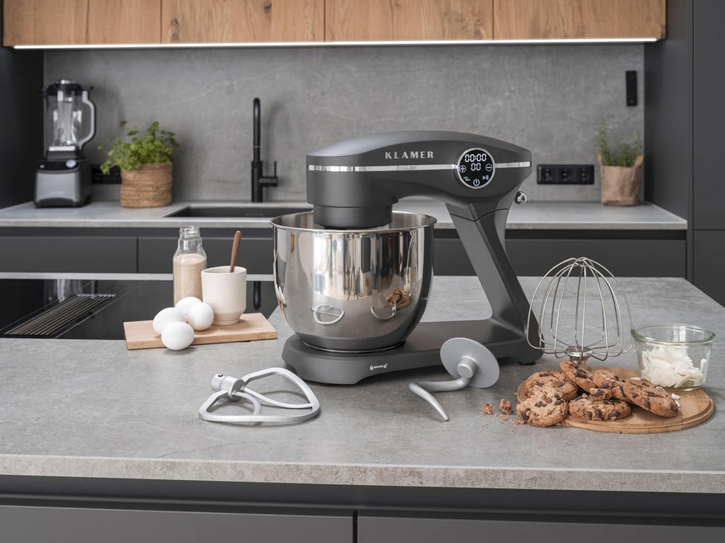KLAMER Robot da Cucina 1800W, Impastatrice per Pane con Ciotola in Acciaio Inox da 6 L, 10 Velocità con Timer, Movimento Planetario, Frusta a Filo, Gancio Impastatore, Frusta Piatta e Coperchio Paraspruzzi (nero)
