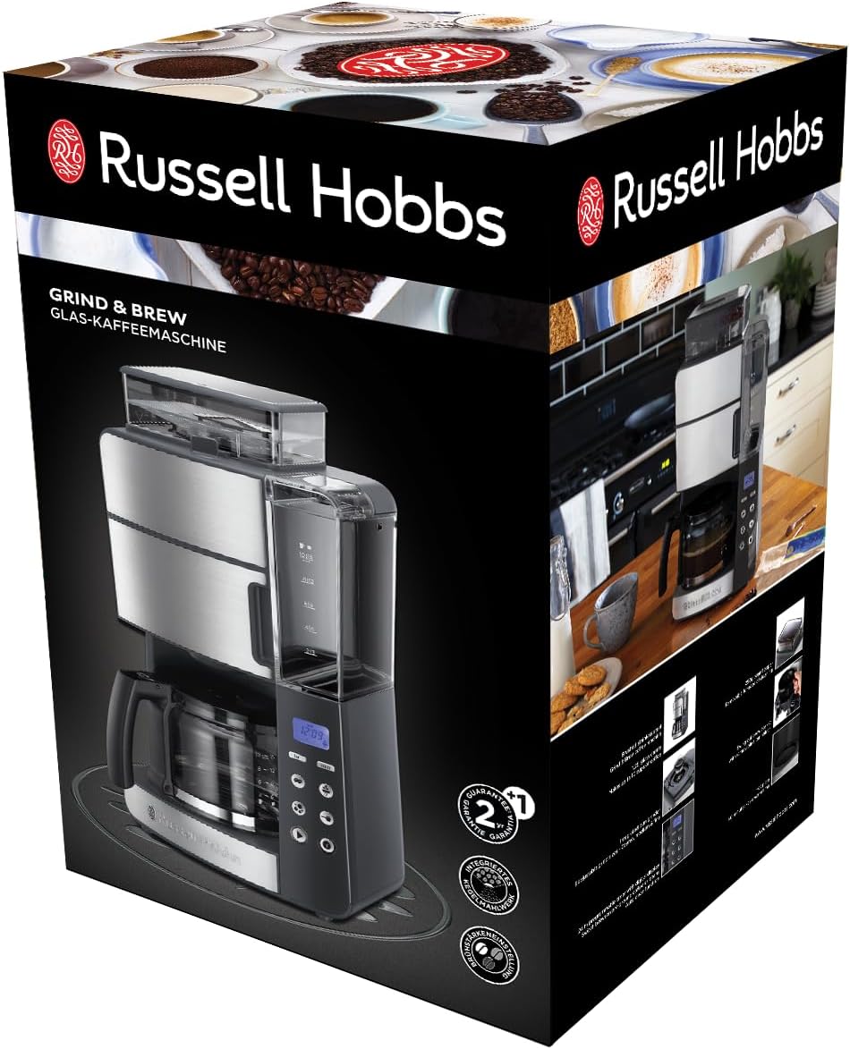Russell Hobbs Macchina da caffè con macinacaffè integrato, caraffa in vetro [Timer digitale, Doccetta per un'estrazione e un aroma ottimali] Grind&Brew (max 10 tazze, macinatura regolabile in 3 fasi) 25610-56
