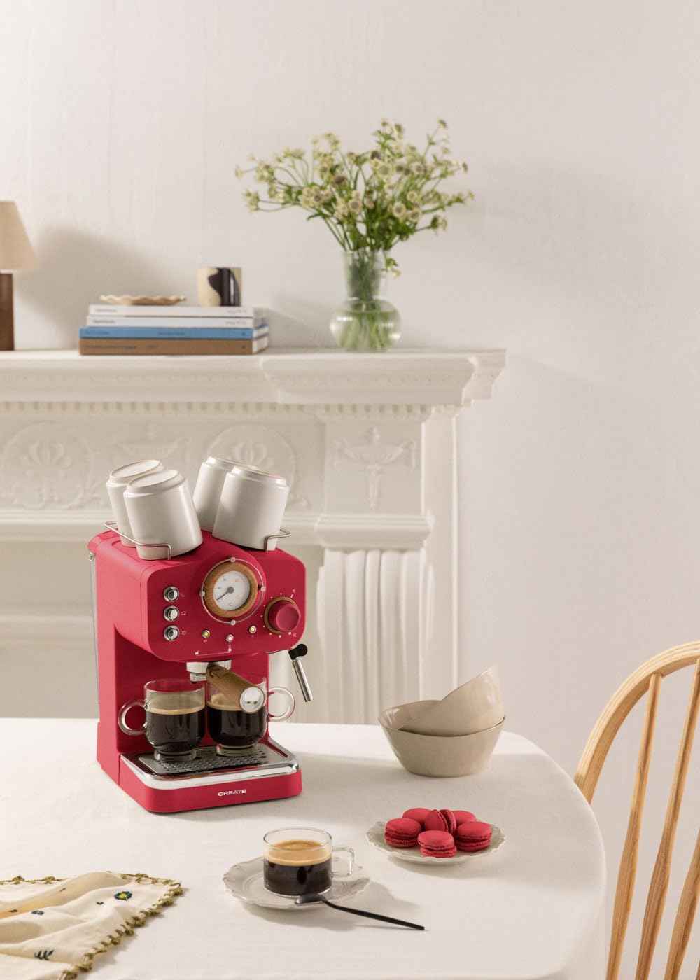 CREATE / THERA RETRO/Macchina da caffè espresso semiautomatica Rosa Pastello Opaco e Legno / Pompa a pressione 20bar, 1100W, Serbatoio acqua 1.25L, per caffè macinato, cialde ESE 55mm, con vaporizzatore, 1100W