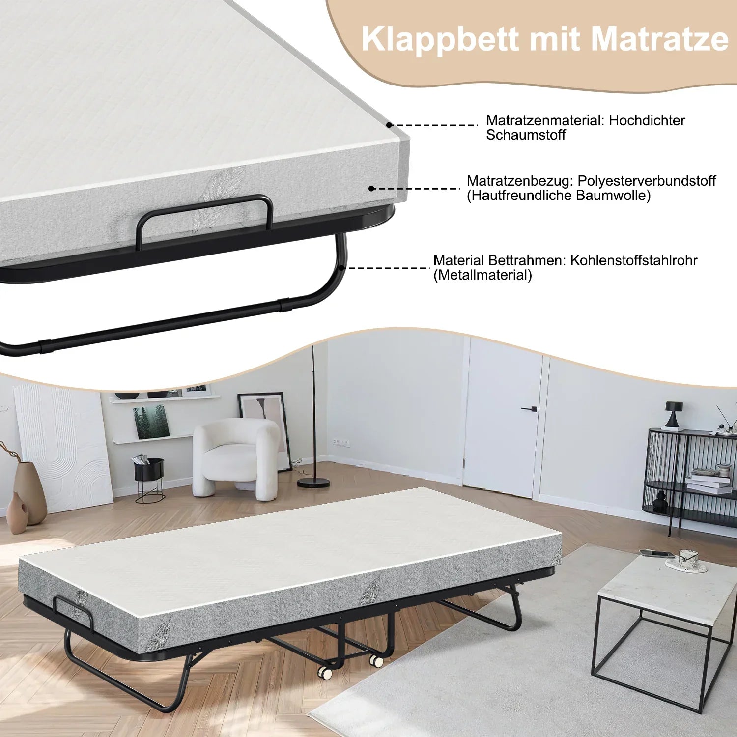 Sonnewelt Letto Pieghevole 90x200cm con spessore di 13cm e rotelle