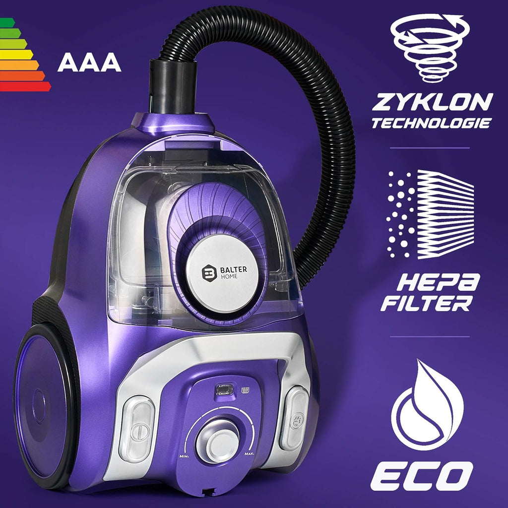 Balter Orion X3 Aspirapolvere, Aspirapolvere a traino senza sacco, Regolazione potenza di aspirazione, Filtro a più stadi, Ciclone, 800W, Contenitore polvere da 3.5L, Viola