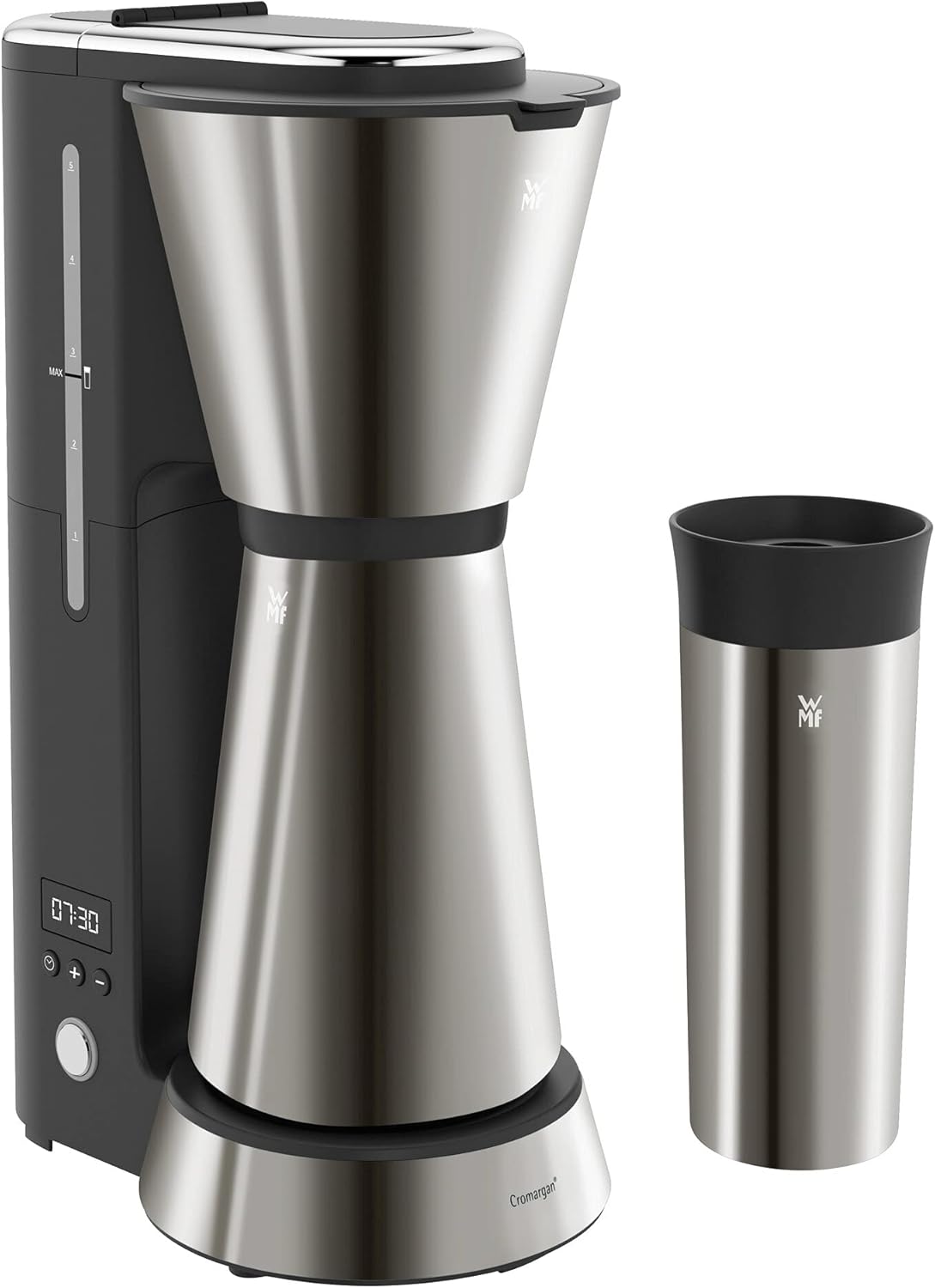 WMF Küchenminis Macchina da caffè con filtro Aroma, piccola, con caraffa termica, 870 Watt, tazza termica da asporto, macchina da caffè singola piccola con timer, cromargan opaco