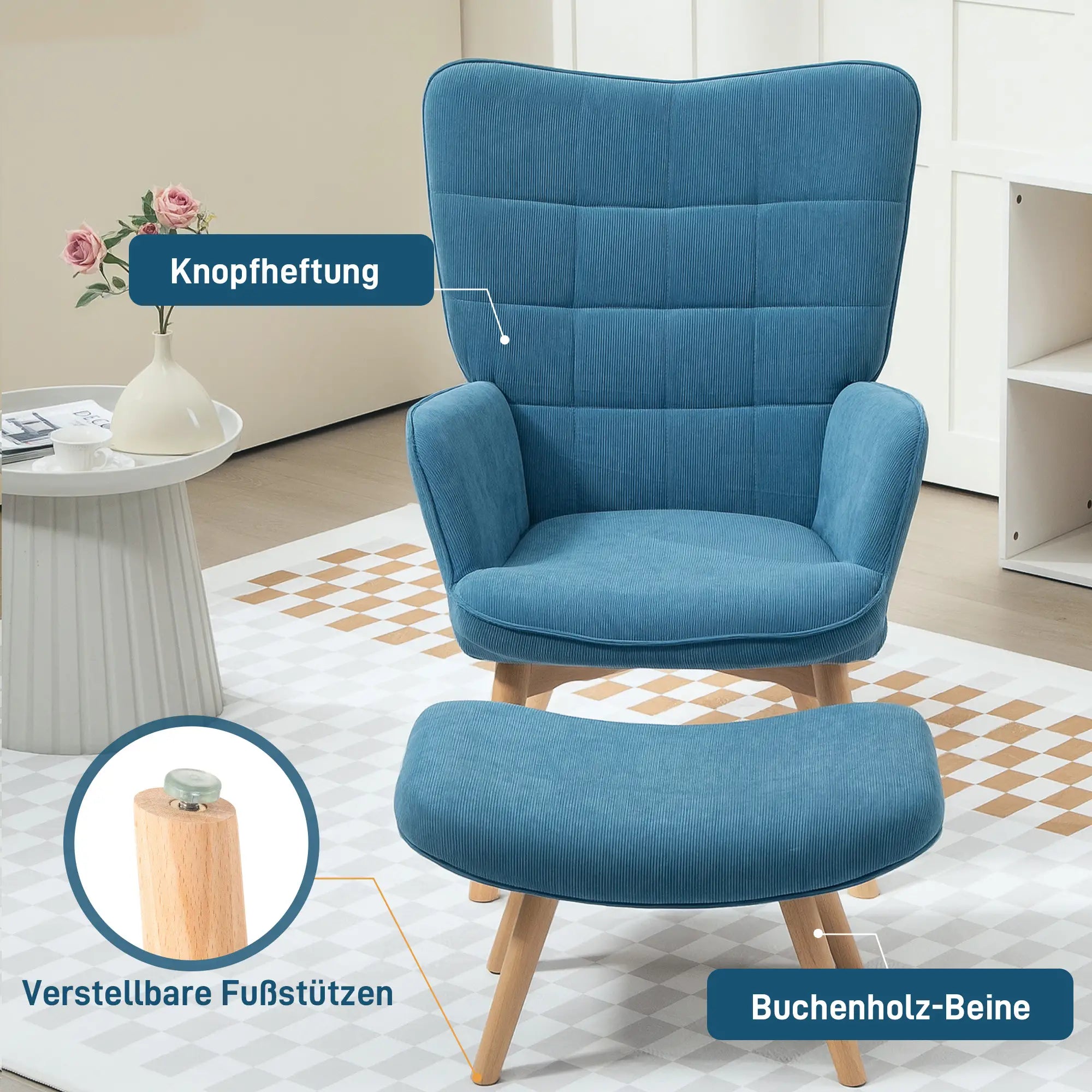 Poltrona relax HOMCOM con poggiapiedi design accattivante gambe in alto velluto a coste blu